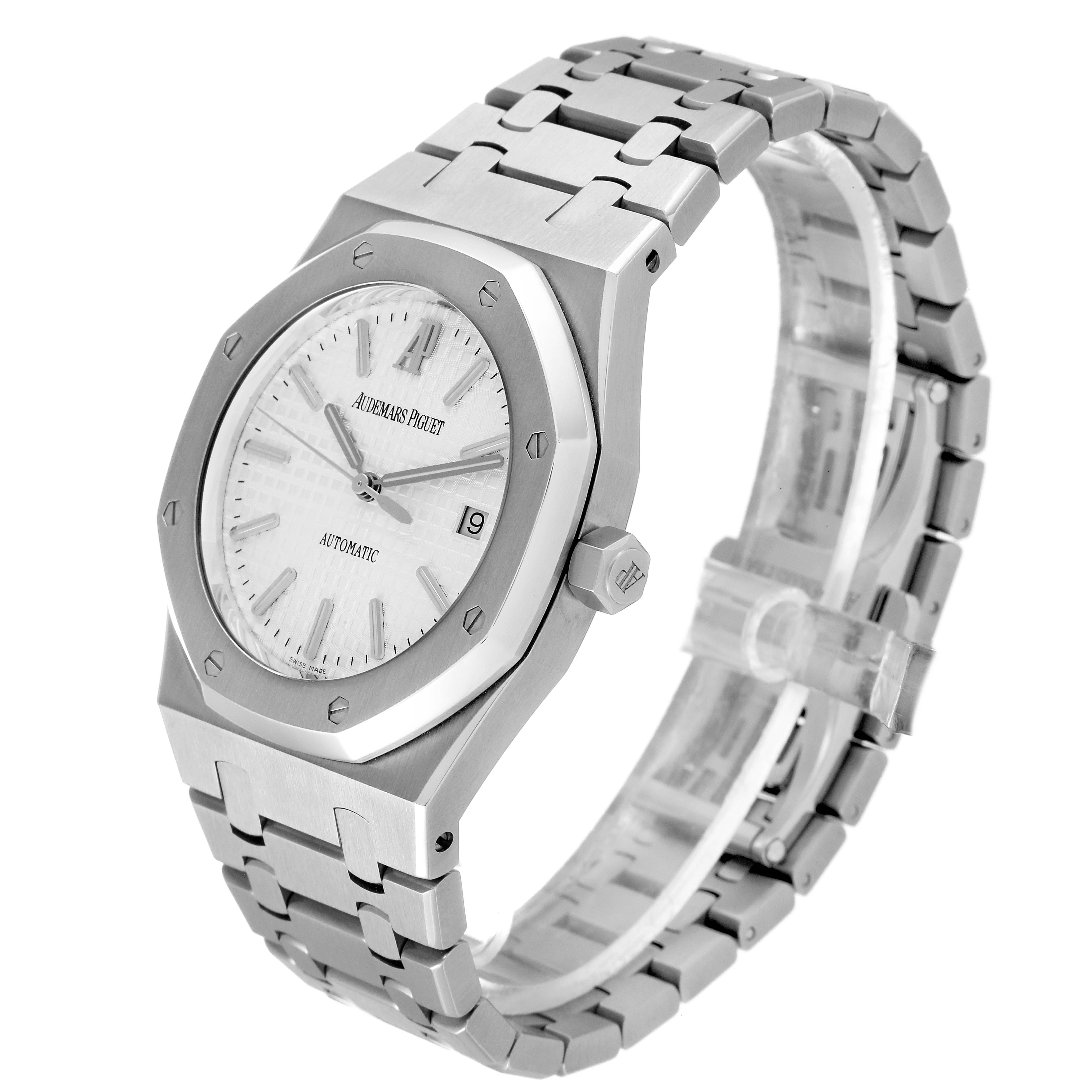 This image shows a side-angle view of the Audemars Piguet Royal Oak 15300ST Men's Stainless Steel White Dial 15300ST Men's Stainless Steel White Dial model, displaying the face, bezel, crown, and bracelet.