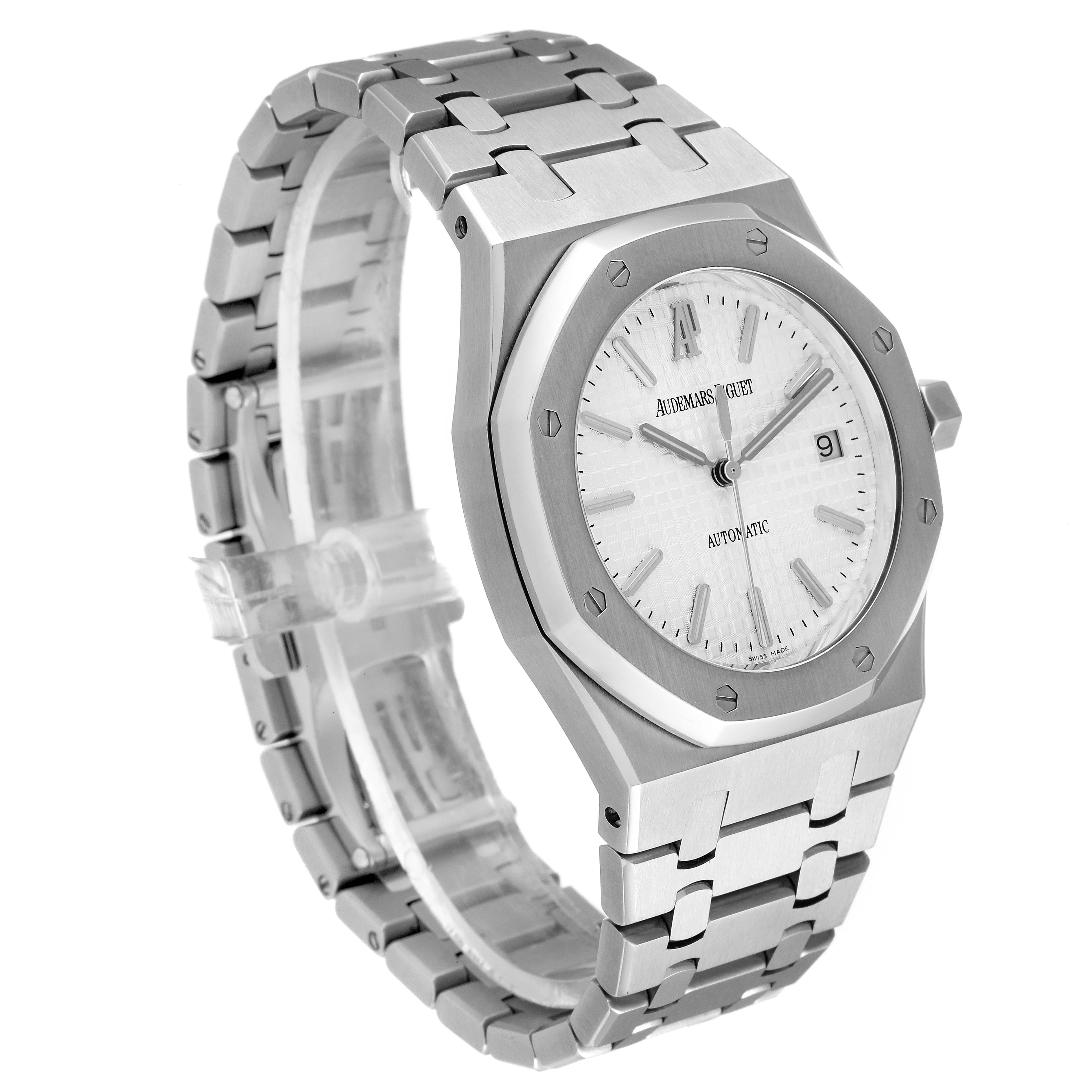 The image shows a Royal Oak model by Audemars Piguet at a three-quarter angle, displaying the bracelet, bezel, dial, and crown.
