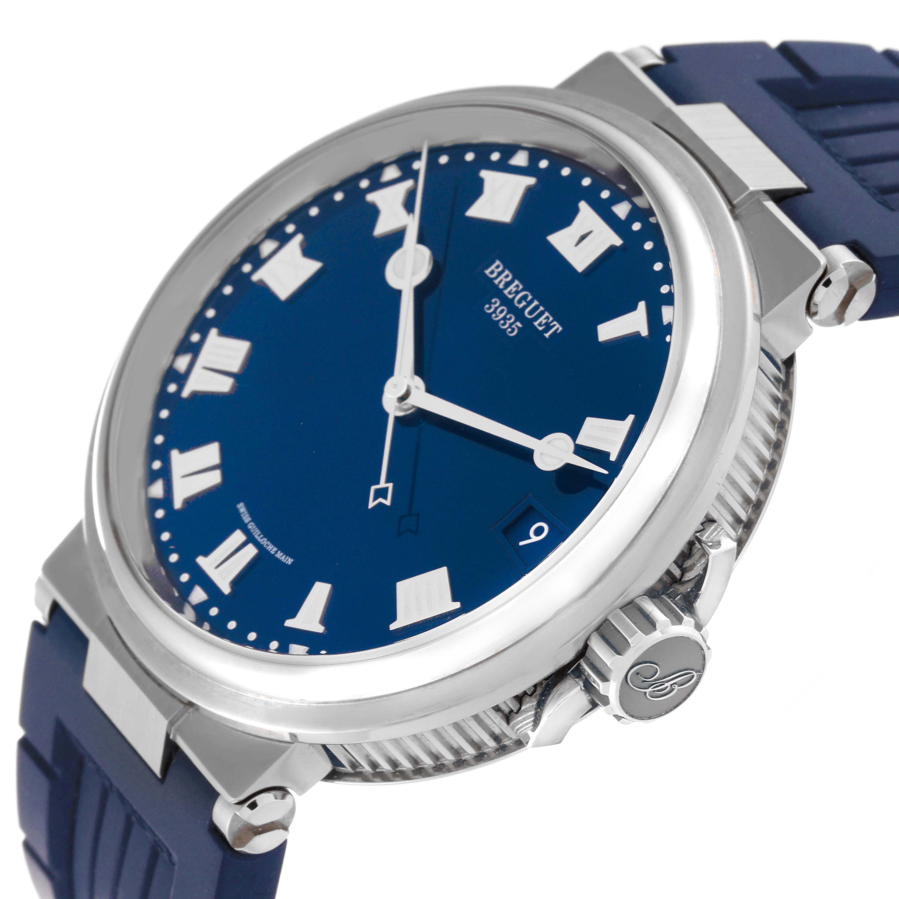 This Breguet Marine 5517TI/Y1/5ZU Men's Titanium Blue Dial 5517TI/Y1/5ZU Men's Titanium Blue Dial model watch is shown from an angle revealing the face, crown, and strap.