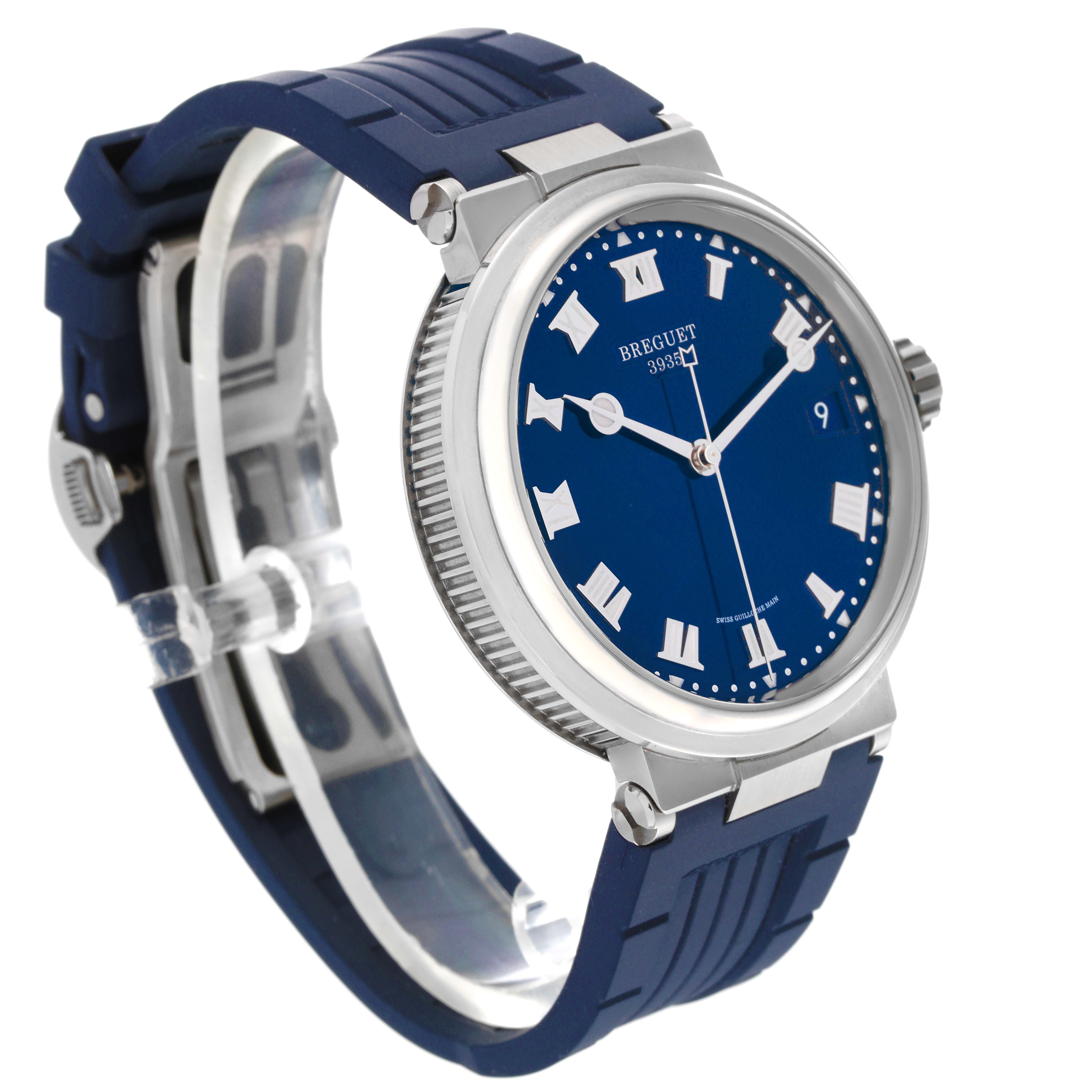 The image shows a side angle view of the Breguet Marine 5517TI/Y1/5ZU Men's Titanium Blue Dial 5517TI/Y1/5ZU Men's Titanium Blue Dial model watch, highlighting its blue dial and rubber strap.