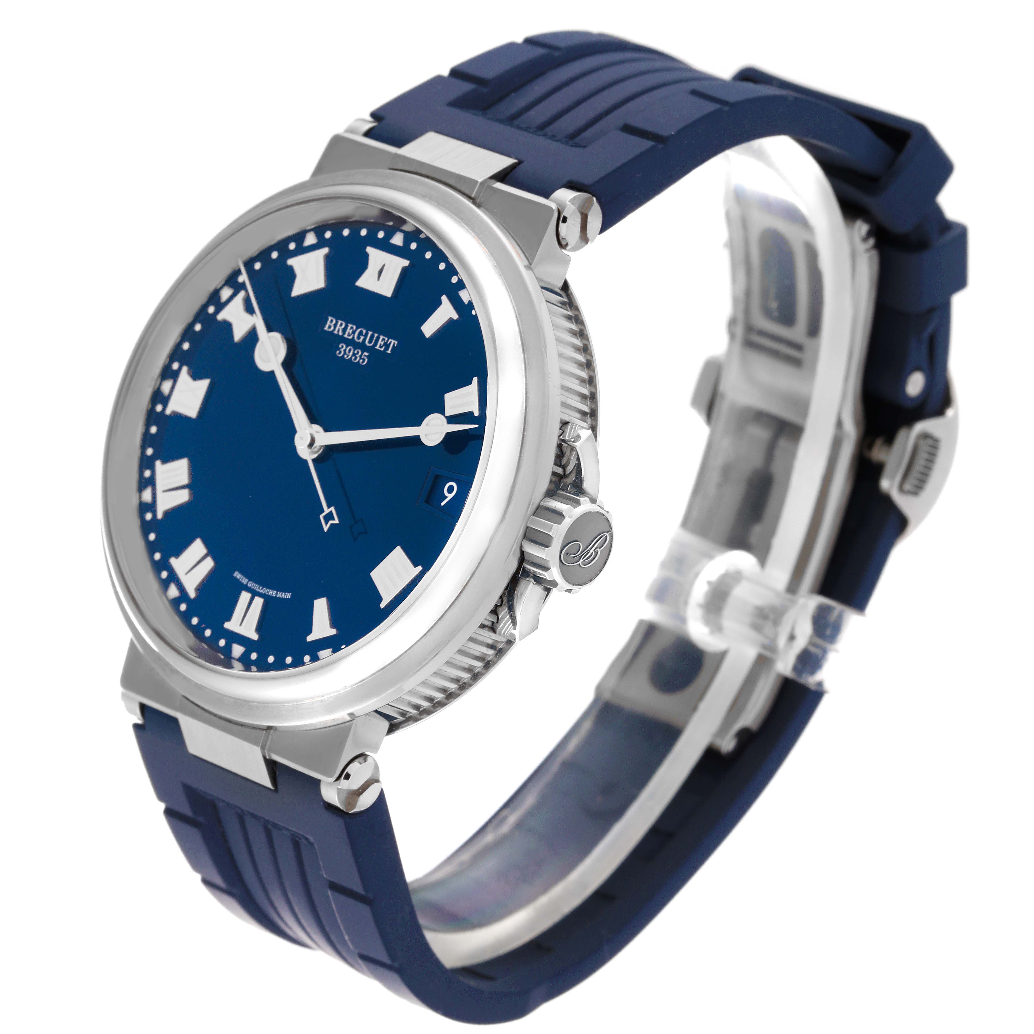 This image shows a Breguet Marine 5517TI/Y1/5ZU Men's Titanium Blue Dial 5517TI/Y1/5ZU Men's Titanium Blue Dial model watch from a side angle, highlighting the blue dial, crown, and rubber strap.