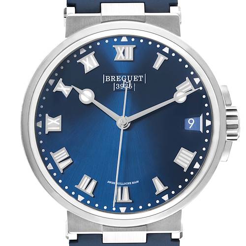 This image shows a Breguet Marine model watch from the front, highlighting its blue dial, silver Roman numerals, hands, and date window.