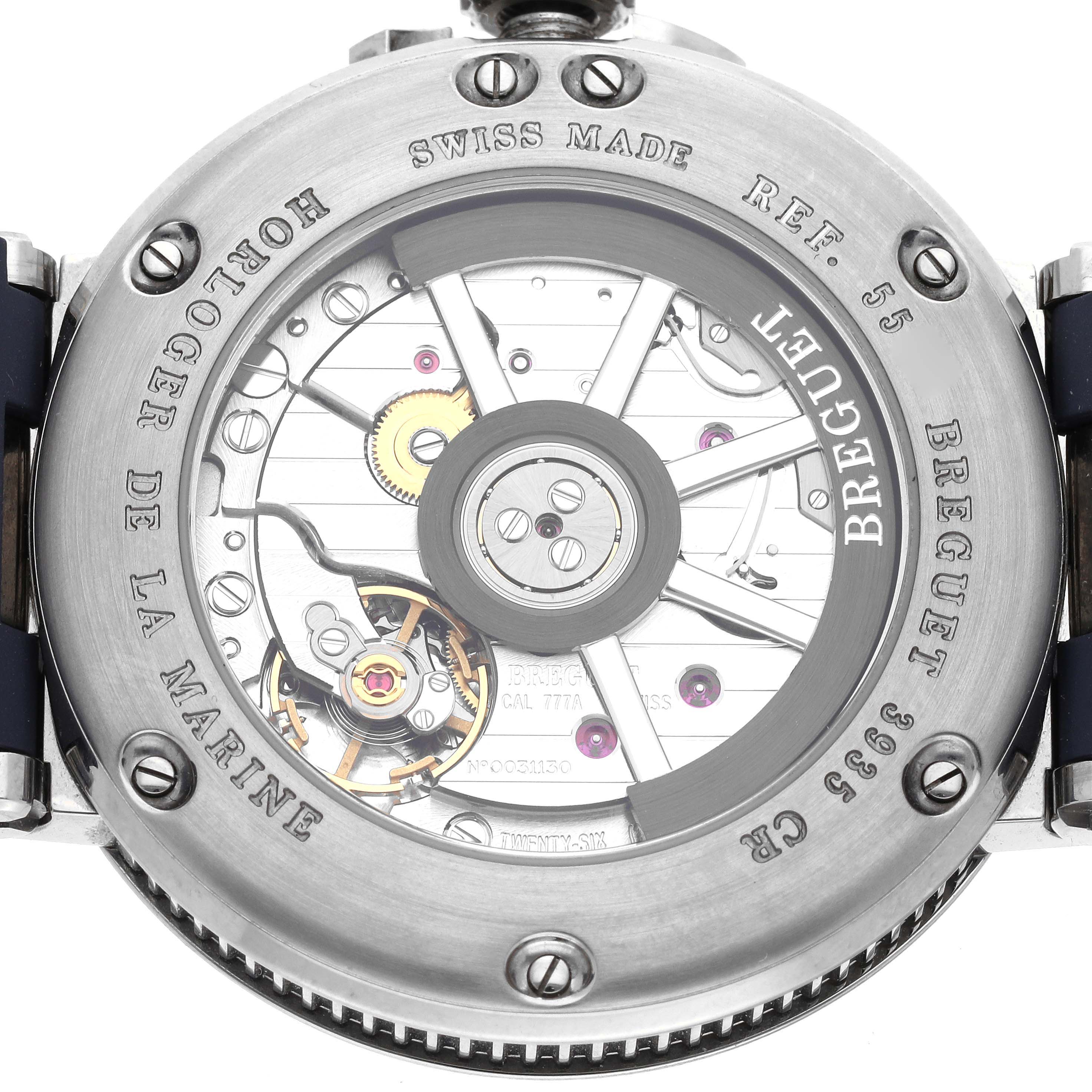 The image shows the back view of the Breguet Marine 5517TI/Y1/5ZU Men's Titanium Blue Dial 5517TI/Y1/5ZU Men's Titanium Blue Dial model watch, displaying its intricate movement and mechanism.