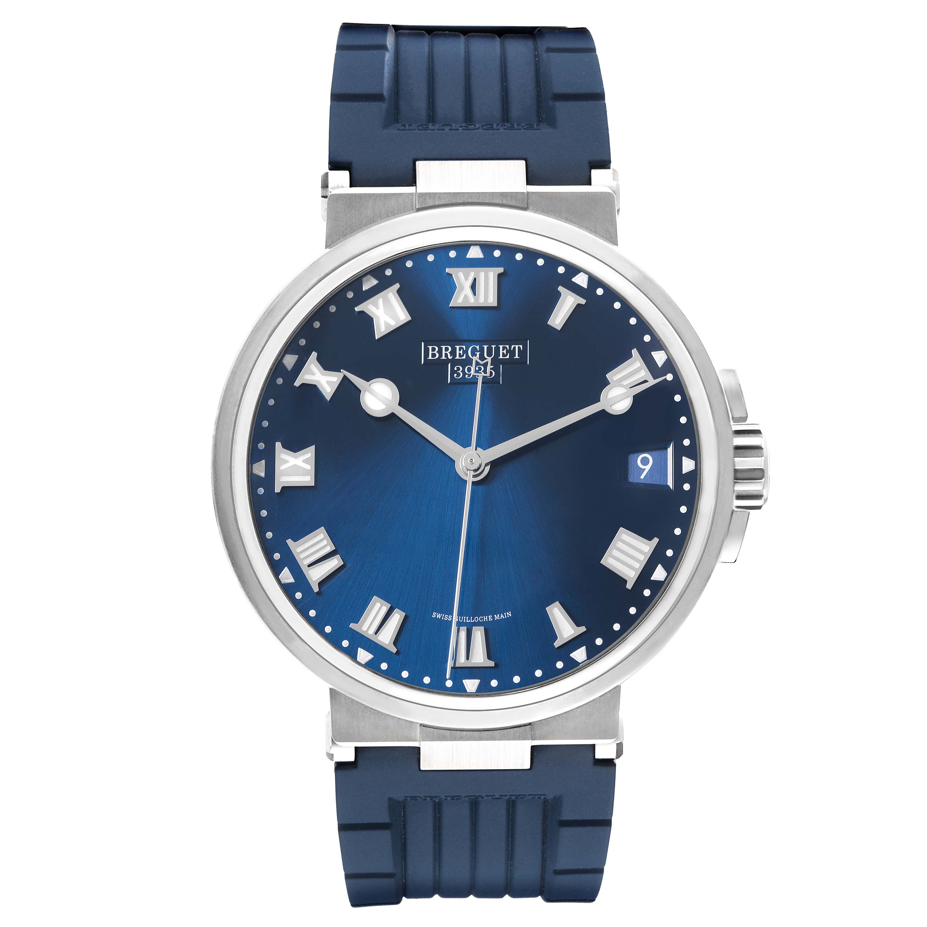 This is a front view image of the Breguet Marine 5517TI/Y1/5ZU Men's Titanium Blue Dial 5517TI/Y1/5ZU Men's Titanium Blue Dial model watch, showing its blue dial, date window, and blue strap.