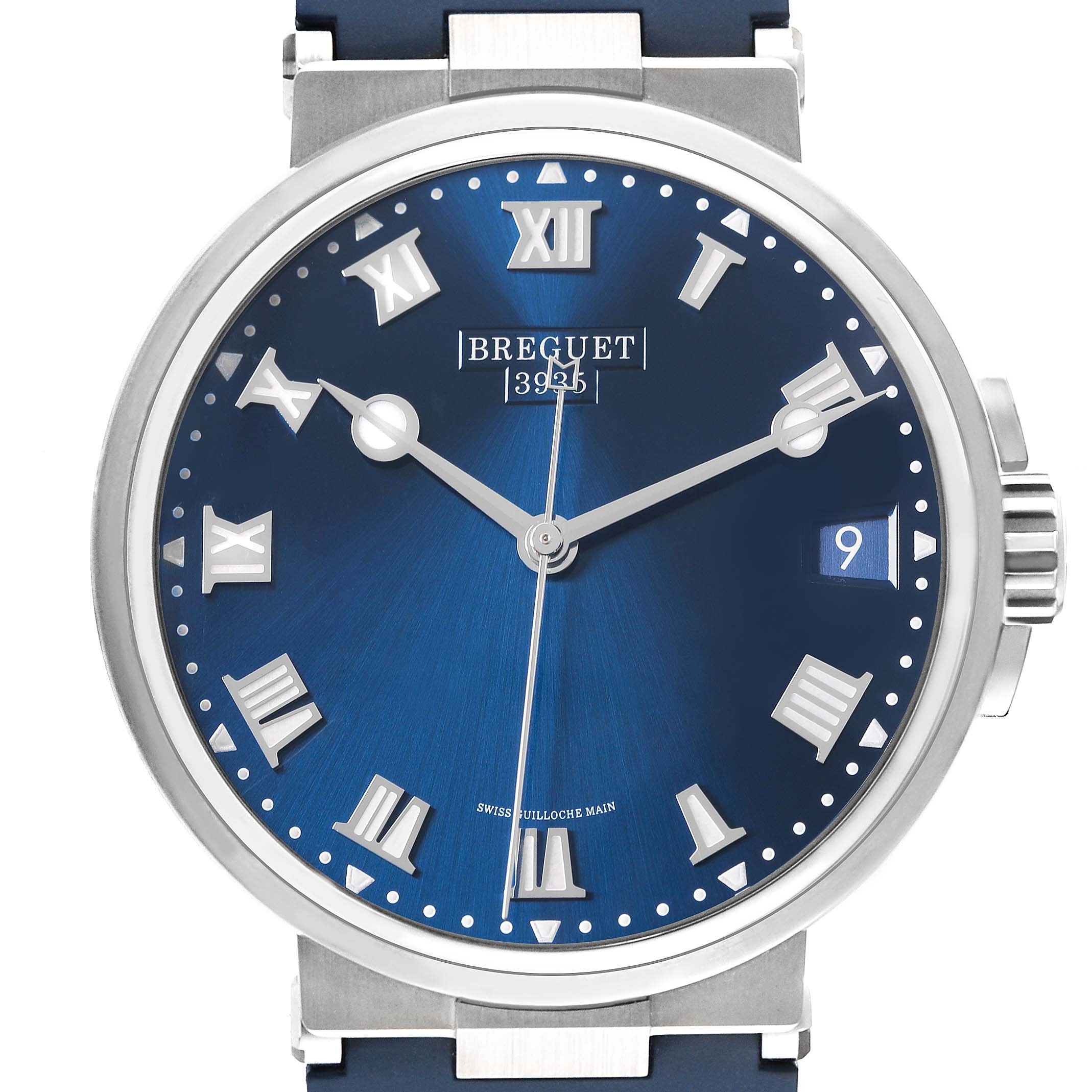 The image shows a front view of the Breguet Marine 5517TI/Y1/5ZU Men's Titanium Blue Dial 5517TI/Y1/5ZU Men's Titanium Blue Dial model watch, highlighting its blue dial, Roman numerals, and date window.