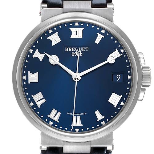 The image shows a frontal view of the Breguet Marine 5517TI/Y1/TZ0 Men's Titanium Blue Dial watch, highlighting the blue dial, Roman numerals, and the date window.