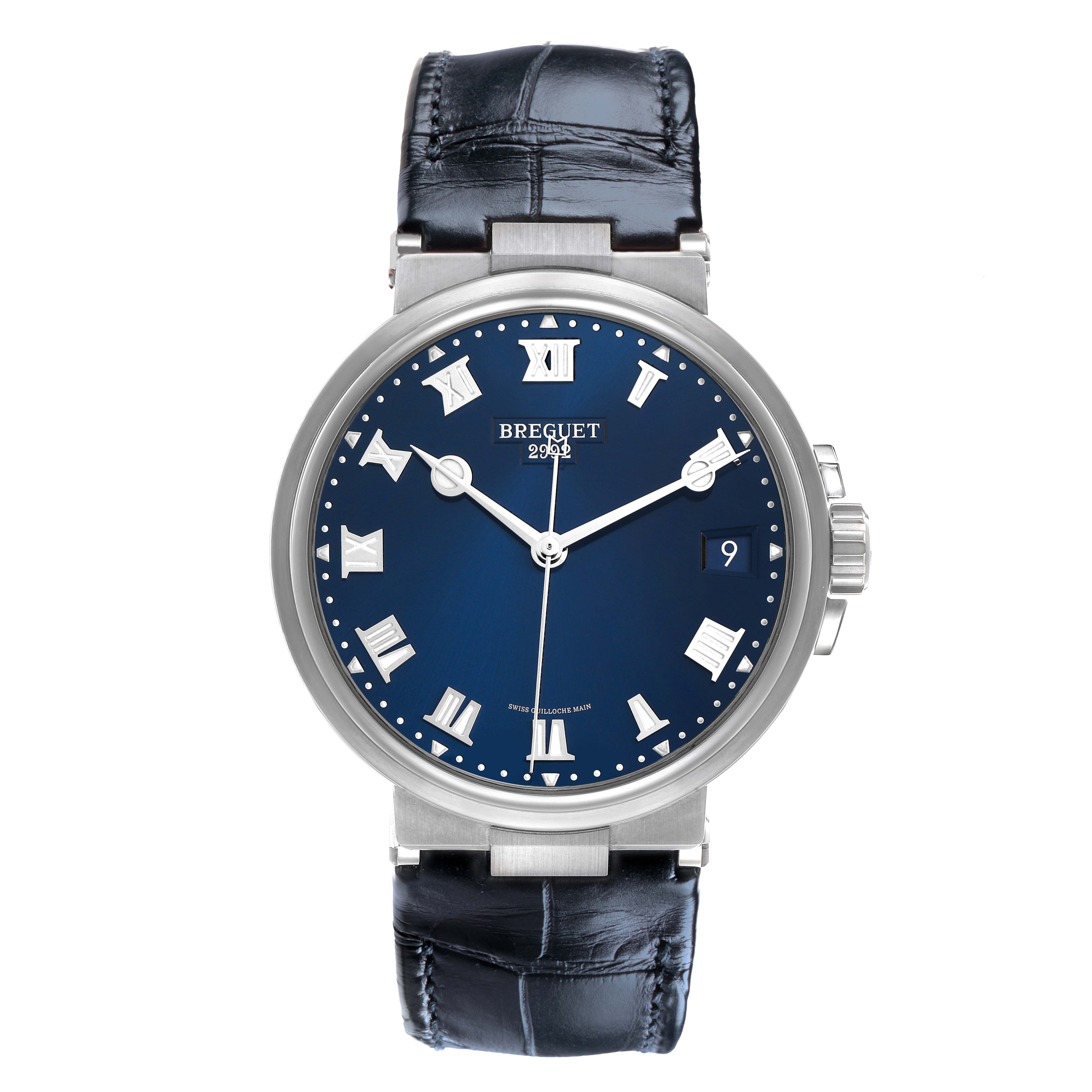 The Breguet Marine 5517TI/Y1/TZ0 Men's Titanium Blue Dial watch is shown with a frontal view, displaying the dial, case, hands, and strap.