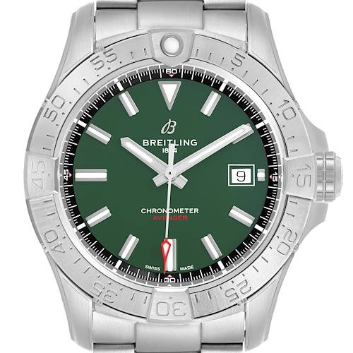 The Breitling Avenger A17328 Men's Stainless Steel Green Dial watch is shown from a front angle, displaying the green dial, bezel, and metal bracelet.