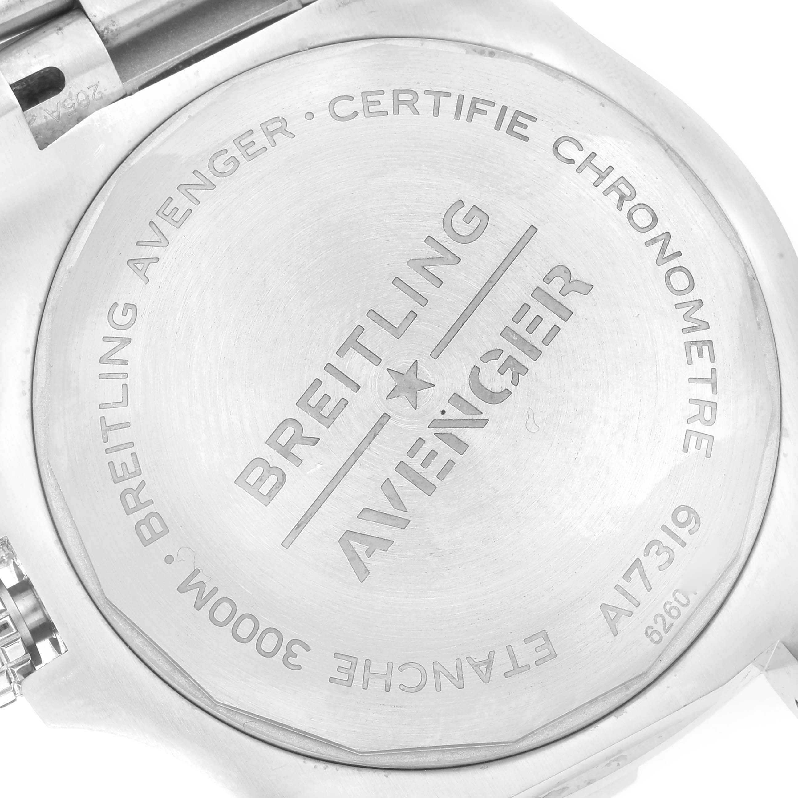 This image shows the back case of a Breitling Avenger A17319 Men's Stainless Steel Yellow Dial A17319 Men's Stainless Steel Yellow Dial watch, featuring engraved details and model specifications.