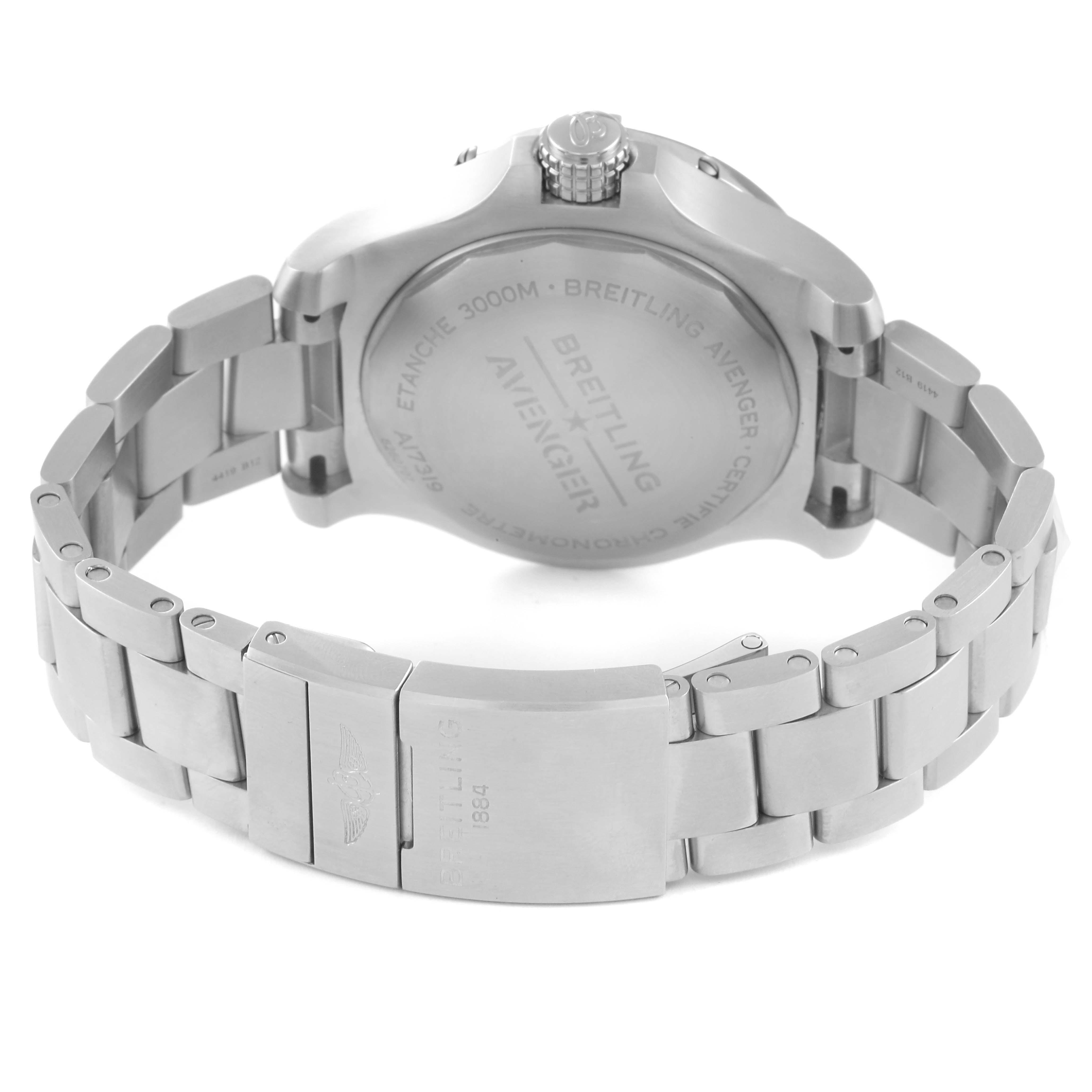 The image shows the back and bracelet of a Breitling Avenger A17319 Men's Stainless Steel Yellow Dial A17319 Men's Stainless Steel Yellow Dial watch from a rear angle.