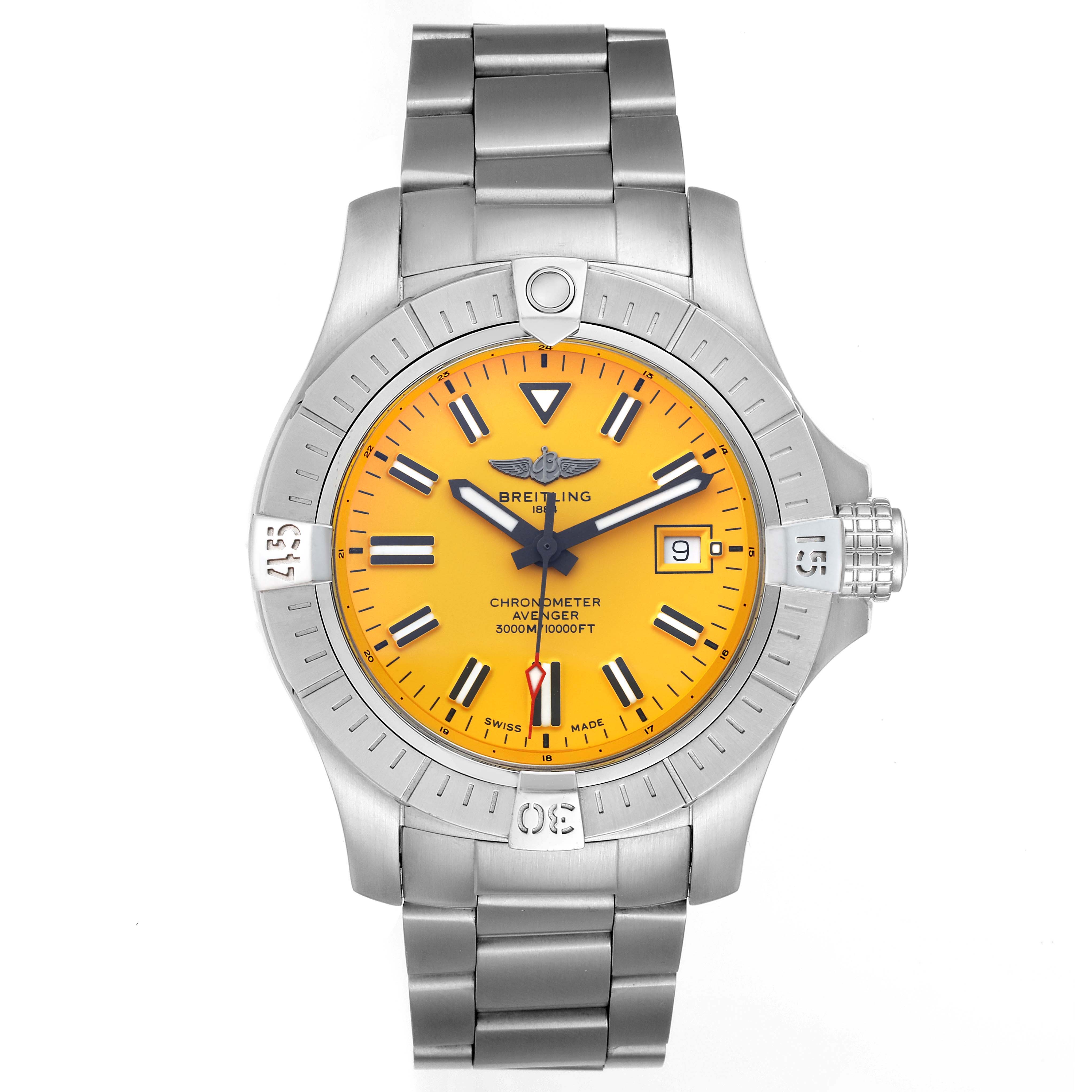 The image shows a front view of a Breitling Avenger A17319 Men's Stainless Steel Yellow Dial A17319 Men's Stainless Steel Yellow Dial watch with a yellow dial and stainless steel bracelet.