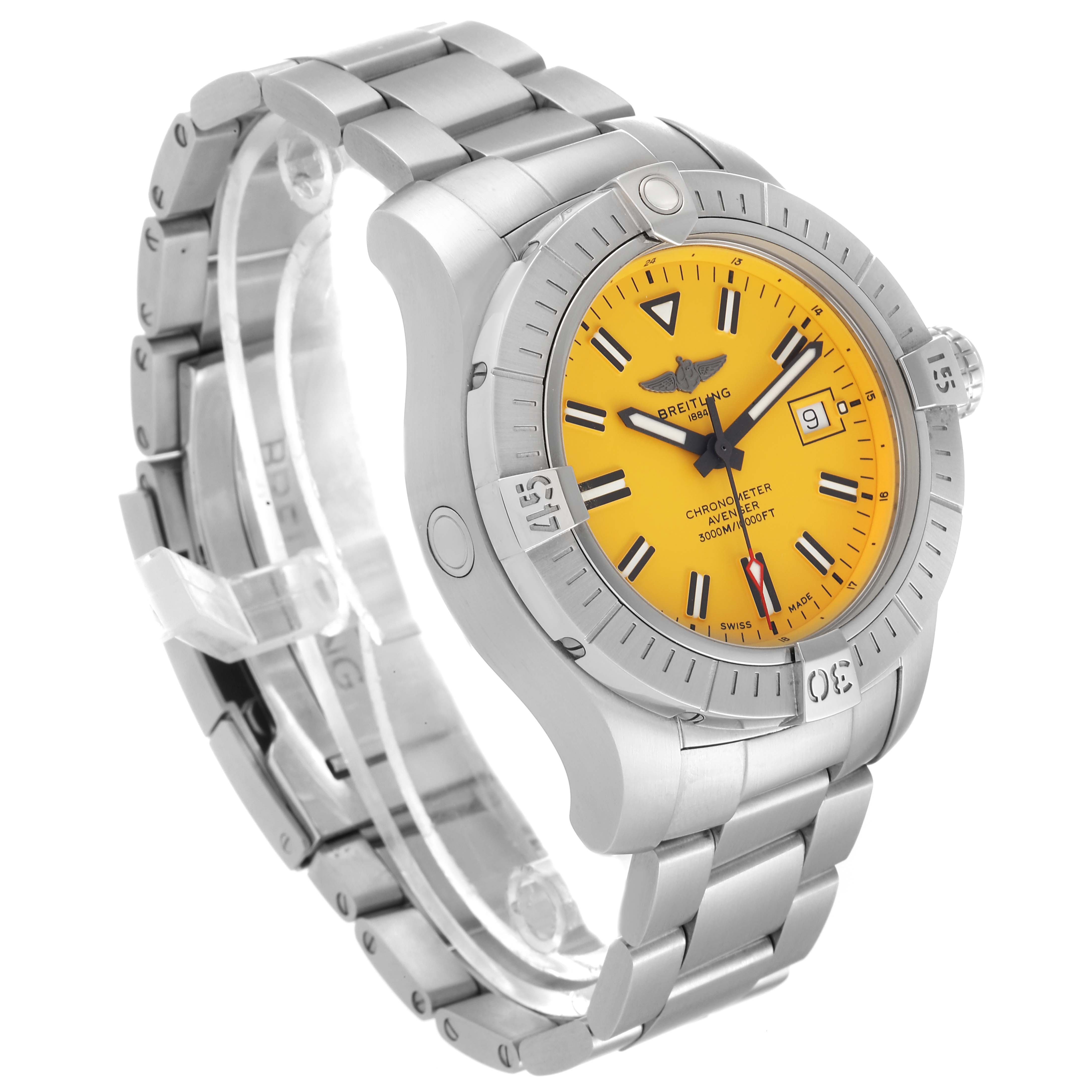 The Breitling Avenger A17319 Men's Stainless Steel Yellow Dial A17319 Men's Stainless Steel Yellow Dial watch is shown at a front-right angle, highlighting its yellow dial, bezel, and metal bracelet.