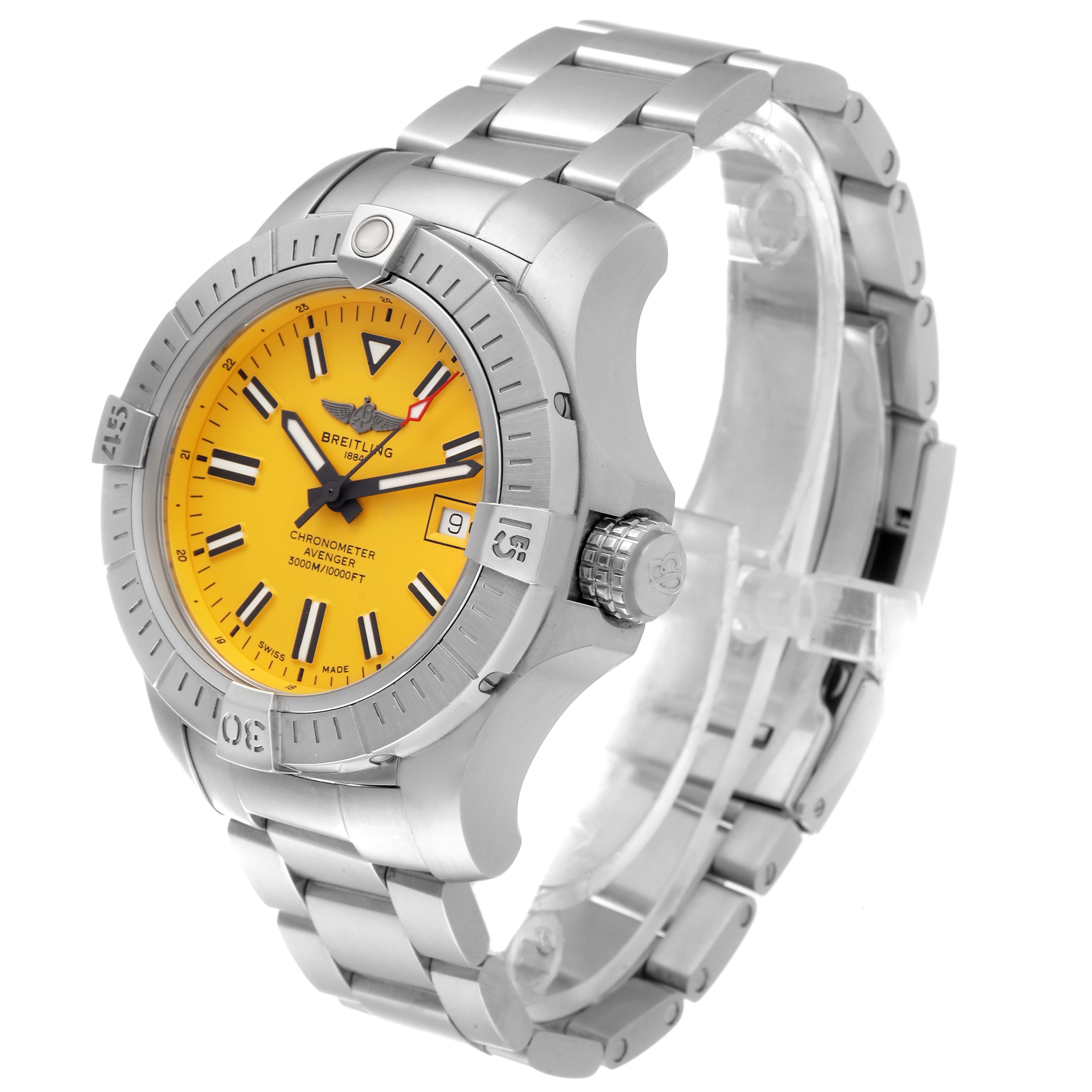 Breitling Avenger A17319 Men's Stainless Steel Yellow Dial A17319 Men's Stainless Steel Yellow Dial watch with a yellow dial, silver bezel, bracelet, and crown, viewed at a three-quarter angle.
