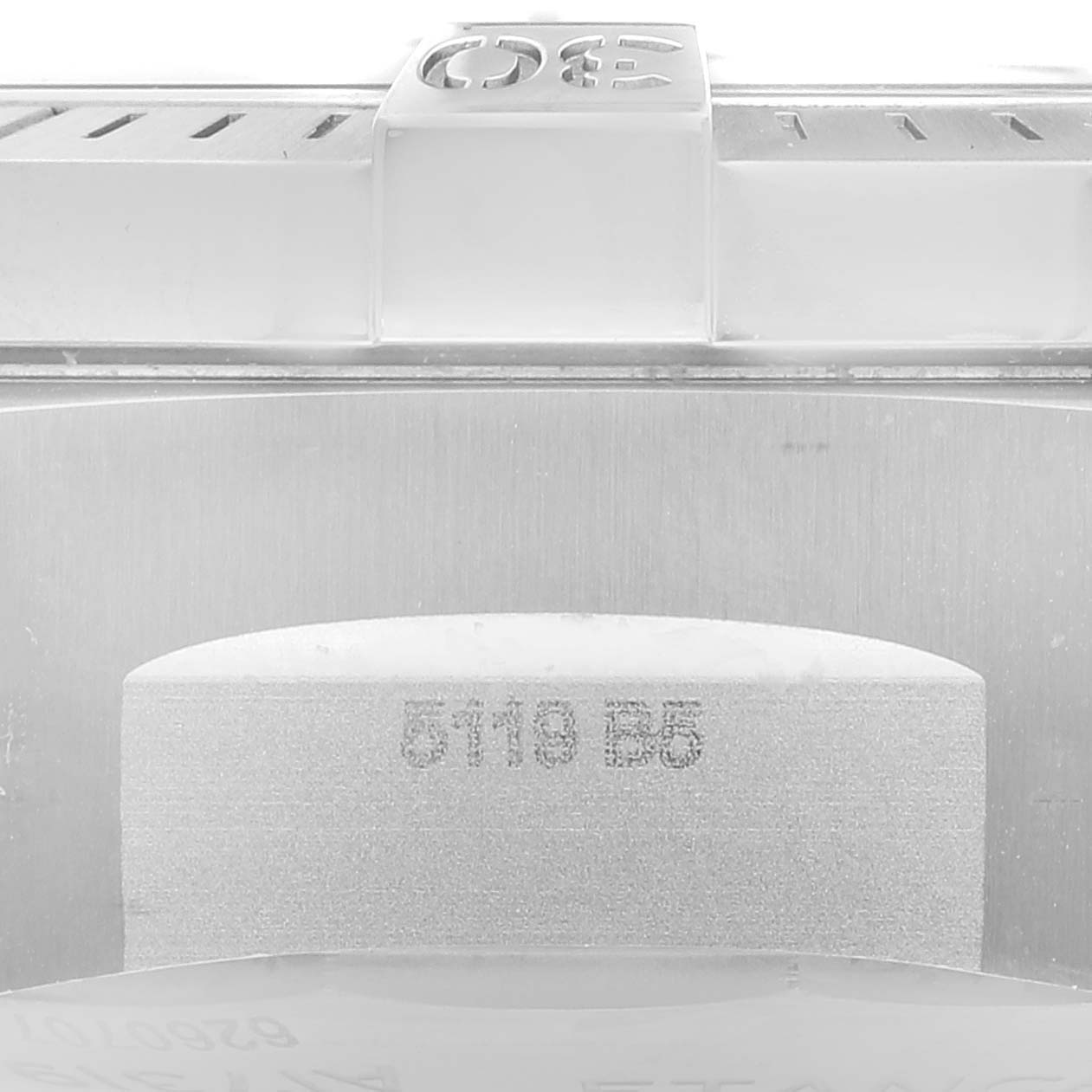 This image shows a close-up of the back case and part of the clasp of a Breitling Avenger A17319 Men's Stainless Steel Yellow Dial A17319 Men's Stainless Steel Yellow Dial watch.