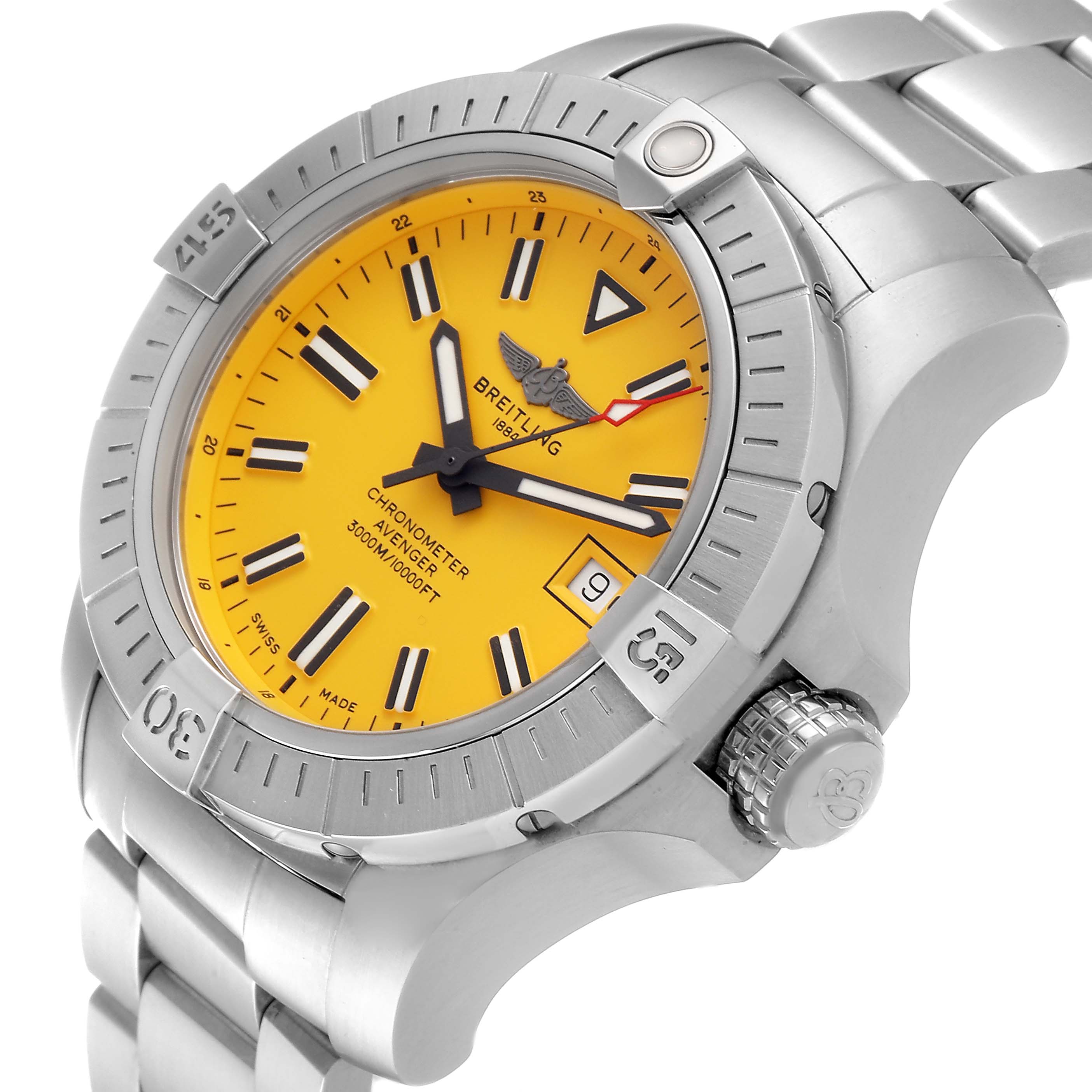 The Breitling Avenger A17319 Men's Stainless Steel Yellow Dial A17319 Men's Stainless Steel Yellow Dial watch is shown at an angled view, displaying its yellow dial, bezel, crown, and part of the metal bracelet.