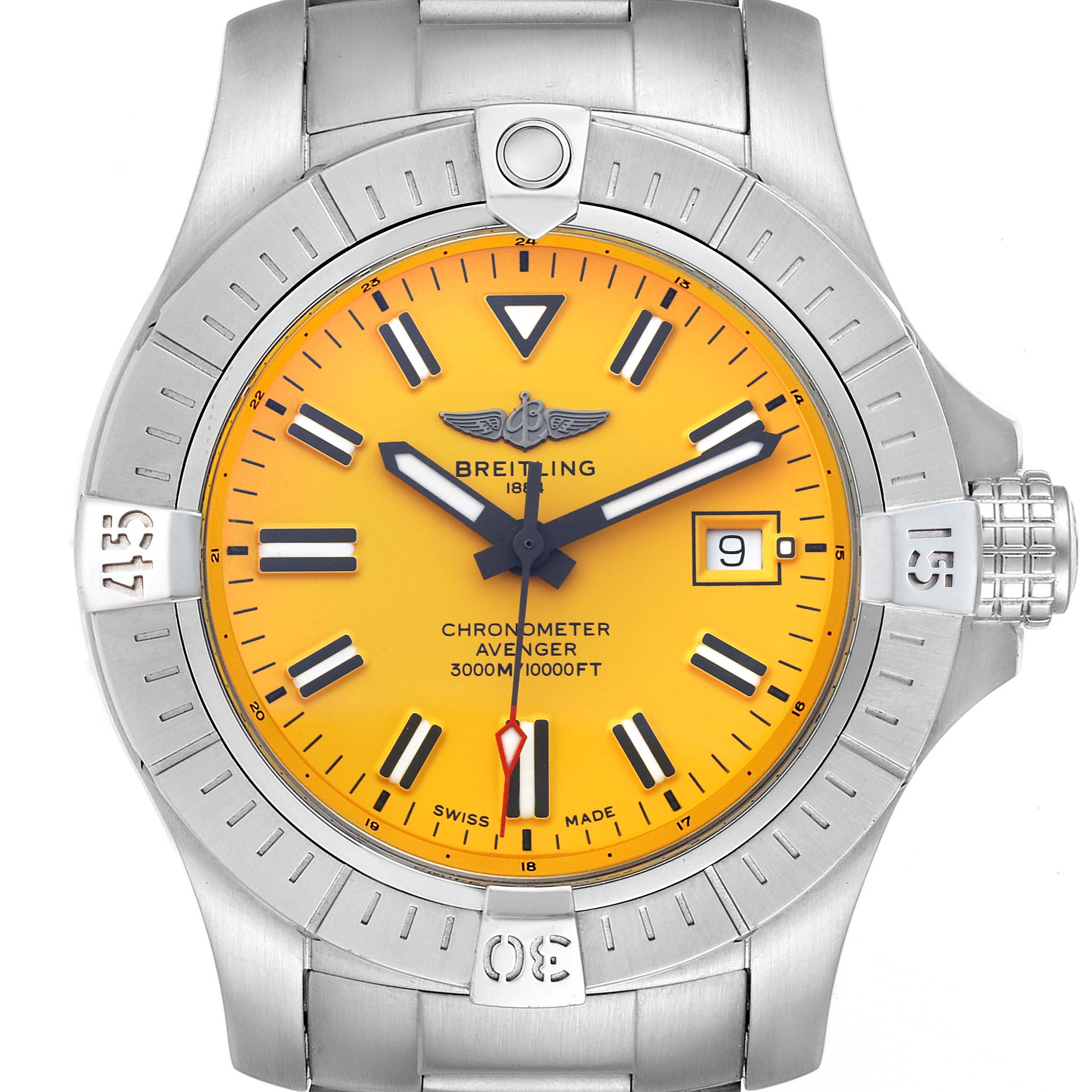 This is a close-up of the Breitling Avenger A17319 Men's Stainless Steel Yellow Dial A17319 Men's Stainless Steel Yellow Dial watch, showing the yellow dial, bezel, hands, date window, and part of the bracelet.