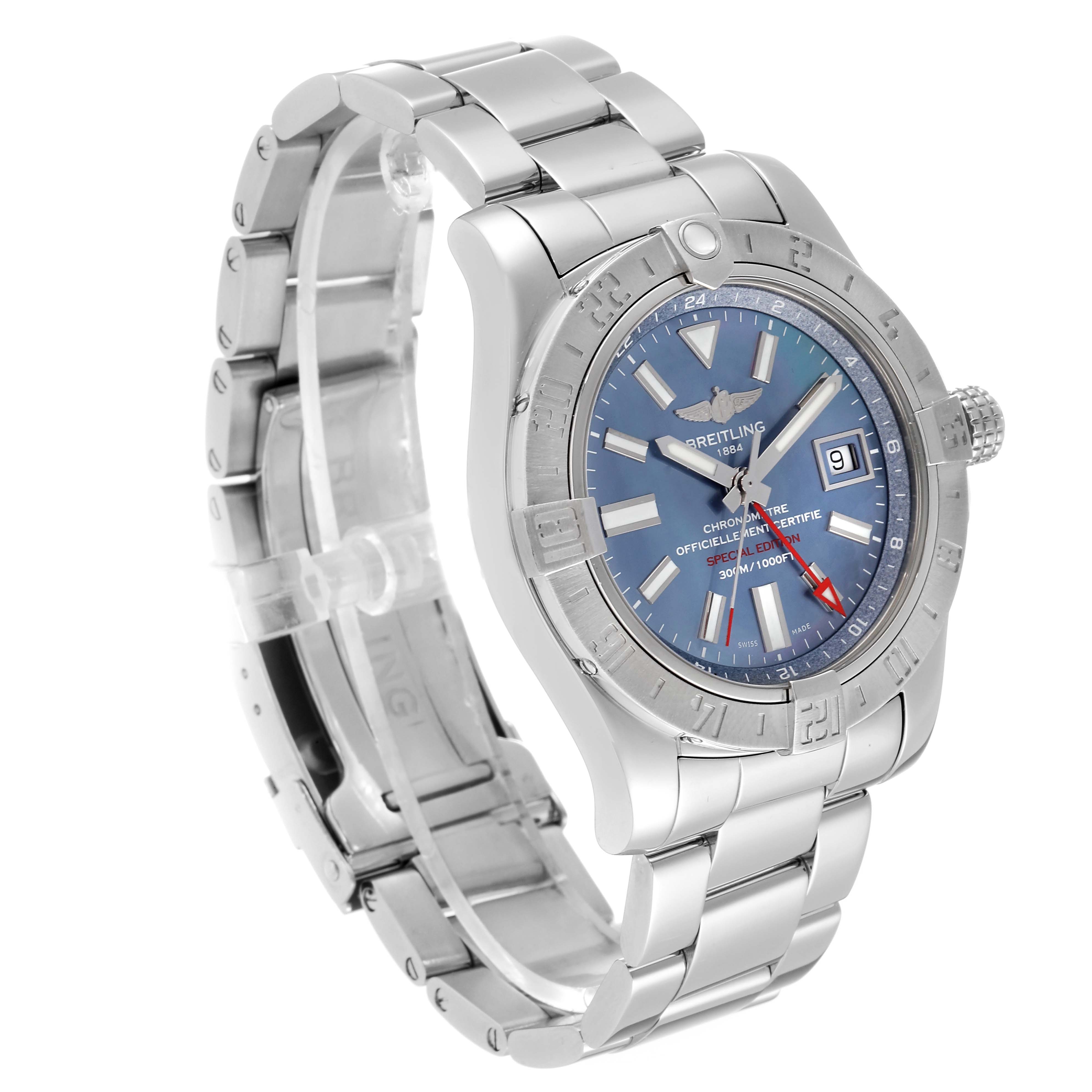 The image shows a side angle view of the Breitling Avenger A3239011-C872-170A Men
s Stainless Steel Mother of Pearl Dial A3239011-C872-170A Men
s Stainless Steel Mother of Pearl Dial watch, displaying its face, crown, bezel, and metal bracelet.