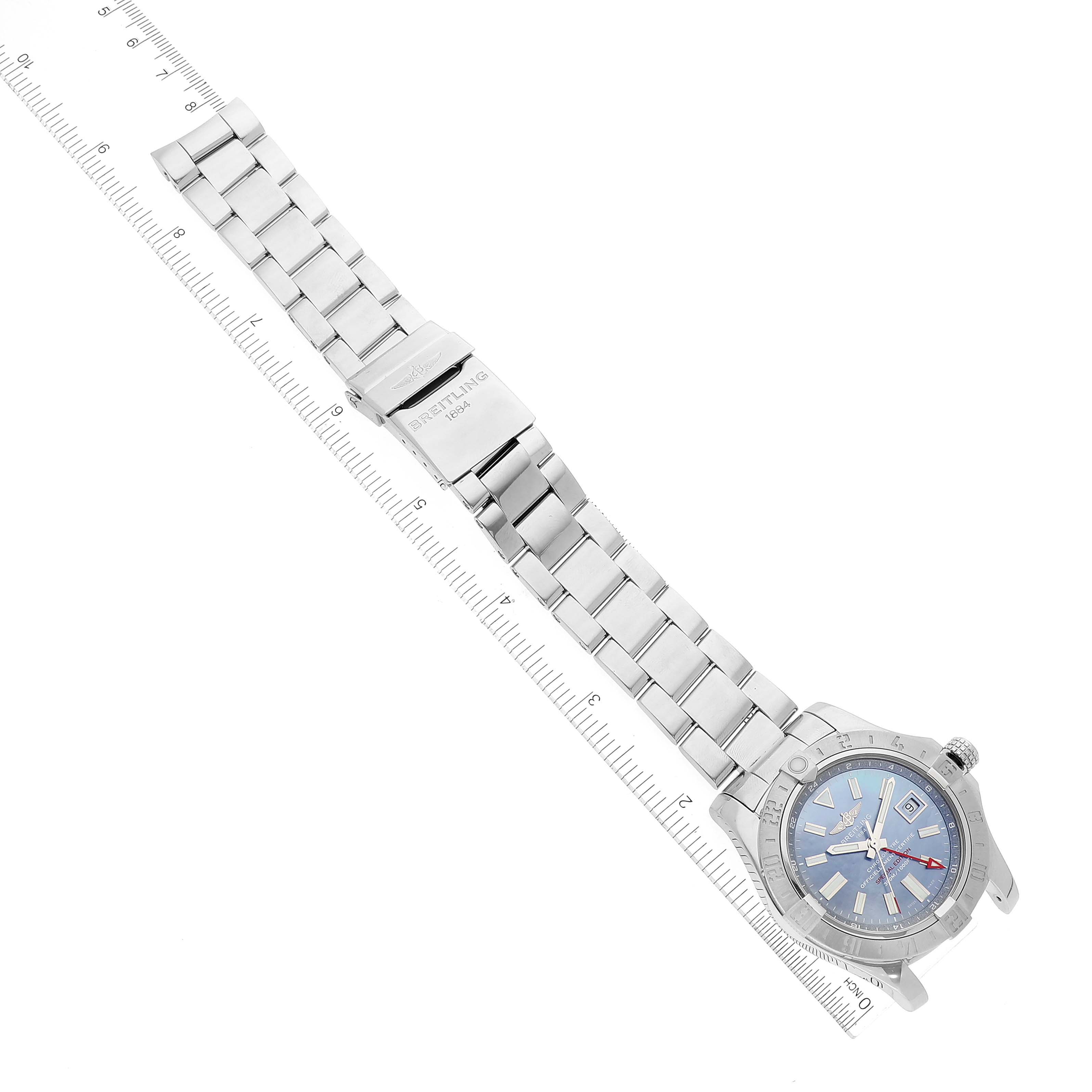 The image shows a top-down view of a Breitling Avenger A3239011-C872-170A Men
s Stainless Steel Mother of Pearl Dial A3239011-C872-170A Men
s Stainless Steel Mother of Pearl Dial watch, highlighting its blue dial, stainless steel bracelet, and clasp.