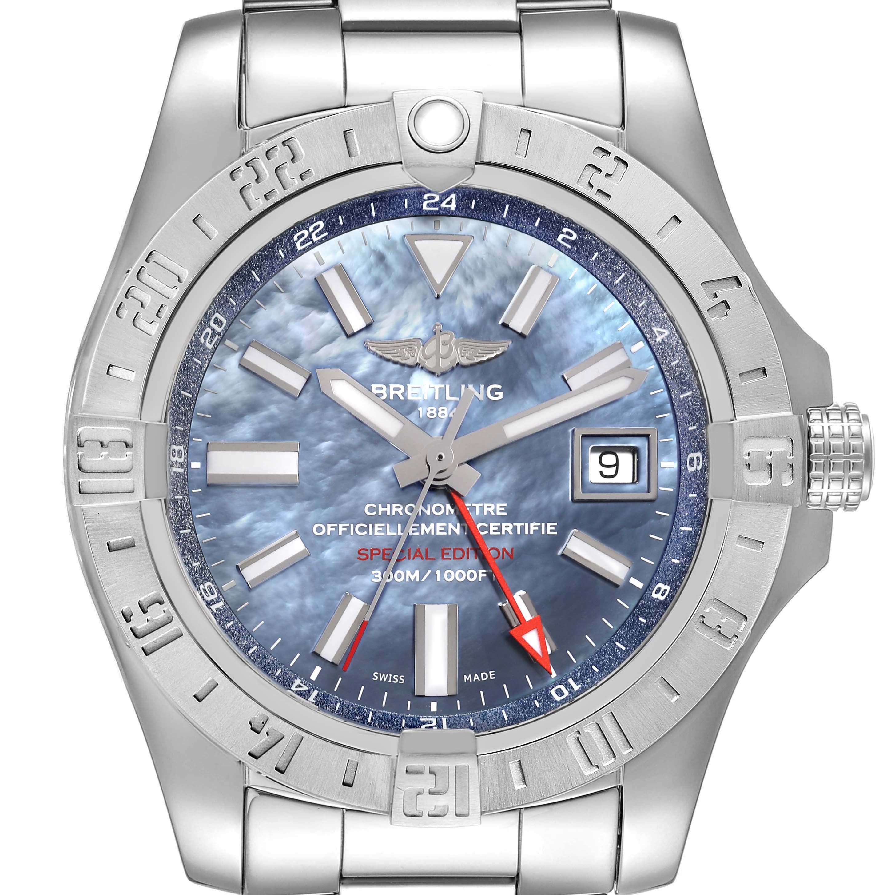 The Breitling Avenger A3239011-C872-170A Men
s Stainless Steel Mother of Pearl Dial A3239011-C872-170A Men
s Stainless Steel Mother of Pearl Dial watch is shown from a straight-on angle, displaying the dial, bezel, hands, and part of the bracelet.