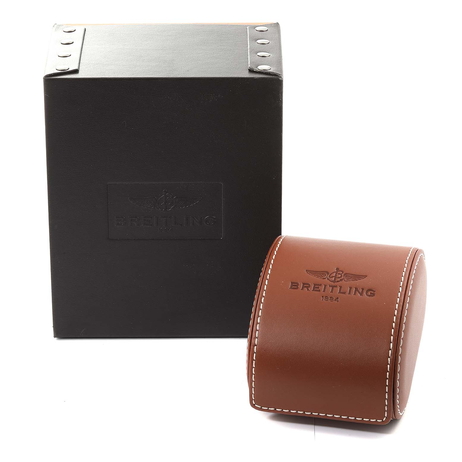 This image shows the packaging for a Breitling Avenger A3239011-C872-170A Men
s Stainless Steel Mother of Pearl Dial A3239011-C872-170A Men
s Stainless Steel Mother of Pearl Dial watch, including a black box and a brown leather case.