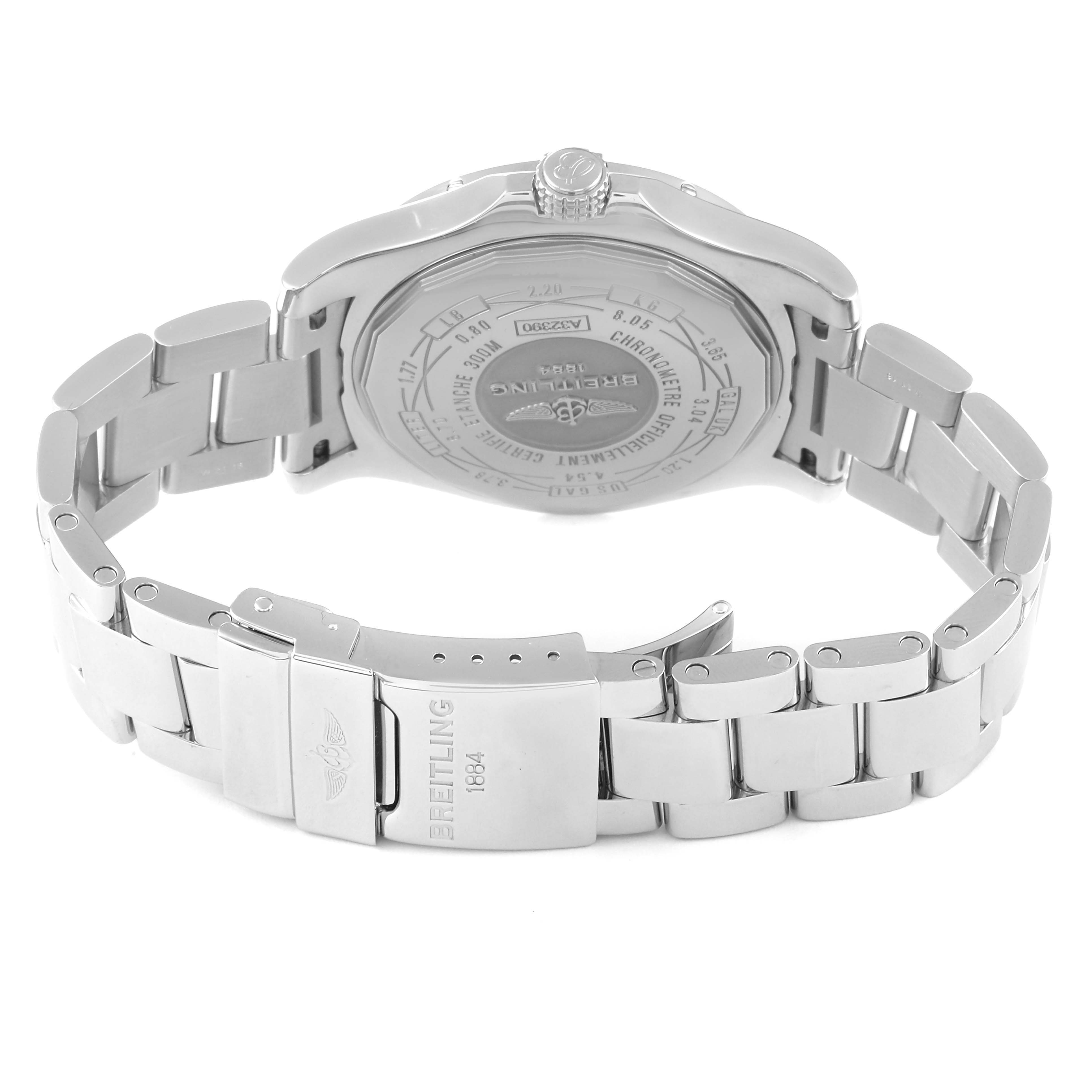 The image shows the back view of a Breitling Avenger A3239011-C872-170A Men
s Stainless Steel Mother of Pearl Dial A3239011-C872-170A Men
s Stainless Steel Mother of Pearl Dial watch, highlighting the case back and stainless steel bracelet with a clasp.