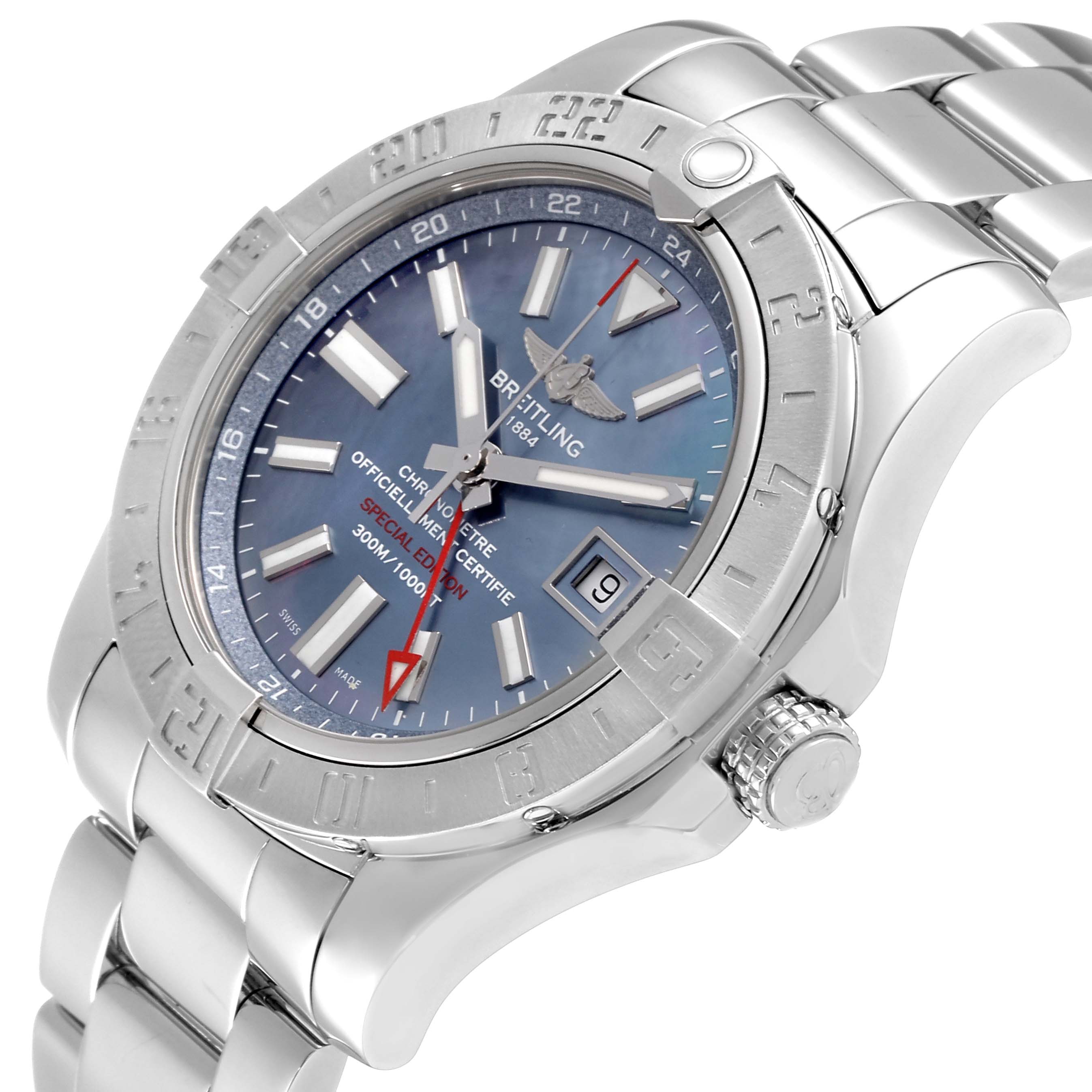 The image shows a close-up, angled view of a Breitling Avenger A3239011-C872-170A Men
s Stainless Steel Mother of Pearl Dial A3239011-C872-170A Men
s Stainless Steel Mother of Pearl Dial watch, highlighting the dial, bezel, and bracelet.