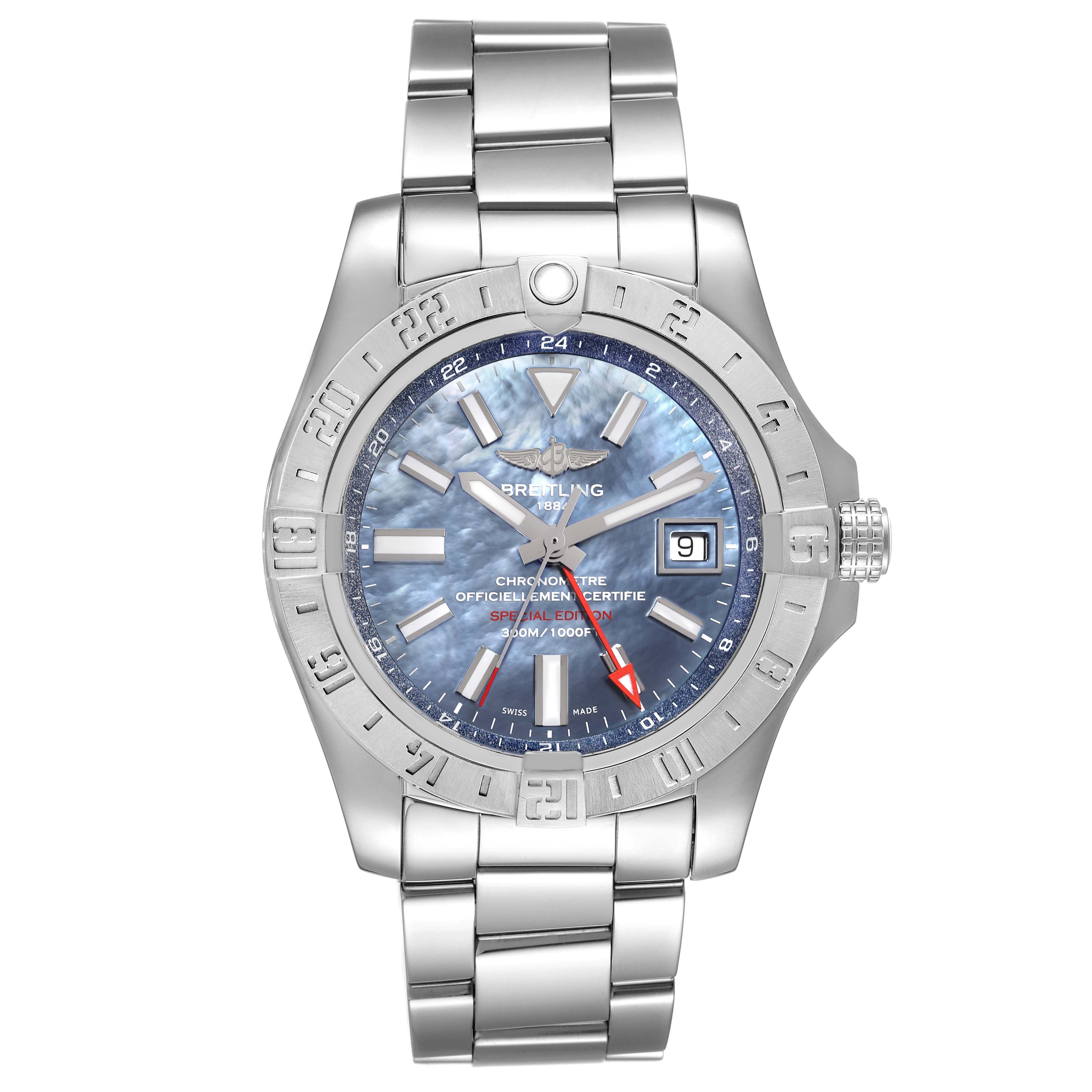 This image shows the front view of the Breitling Avenger A3239011-C872-170A Men
s Stainless Steel Mother of Pearl Dial A3239011-C872-170A Men
s Stainless Steel Mother of Pearl Dial watch, displaying its face, bezel, and stainless steel bracelet.