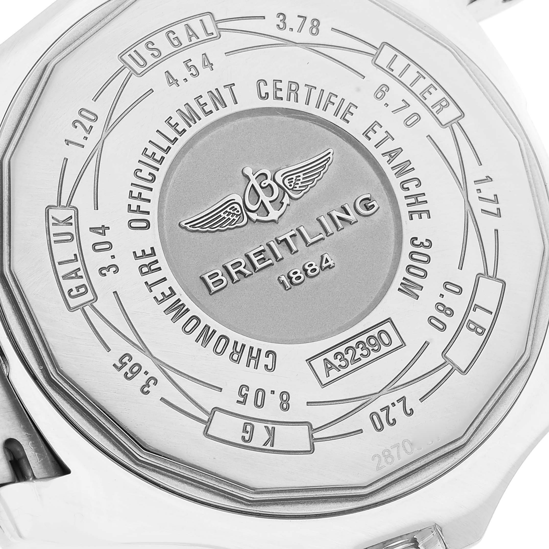 The image shows the back side of a Breitling Avenger A3239011-C872-170A Men
s Stainless Steel Mother of Pearl Dial A3239011-C872-170A Men
s Stainless Steel Mother of Pearl Dial watch, displaying its certification and various measurements.