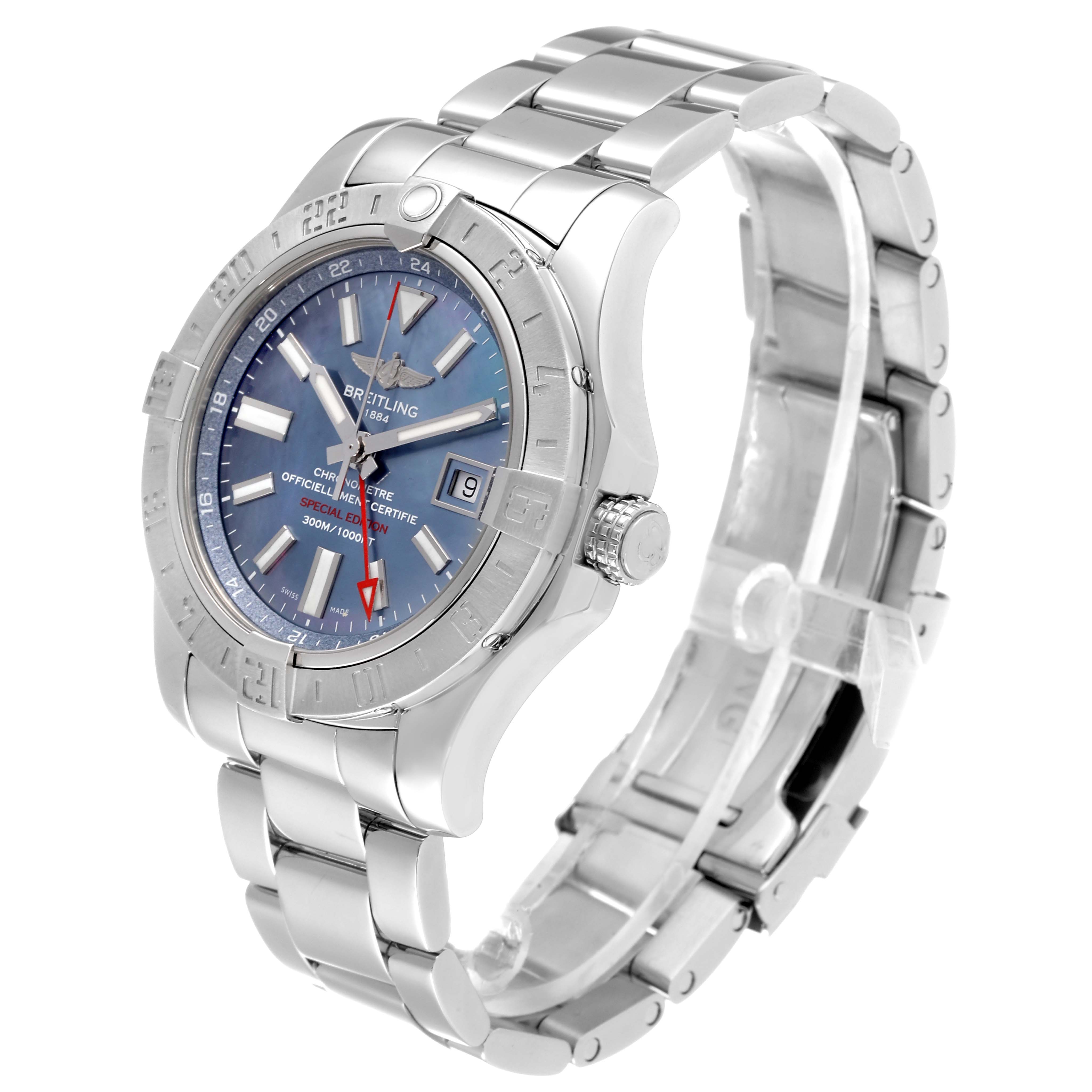 The image shows a side and front angle of the Breitling Avenger A3239011-C872-170A Men
s Stainless Steel Mother of Pearl Dial A3239011-C872-170A Men
s Stainless Steel Mother of Pearl Dial watch, highlighting its bezel, dial, and metal bracelet.