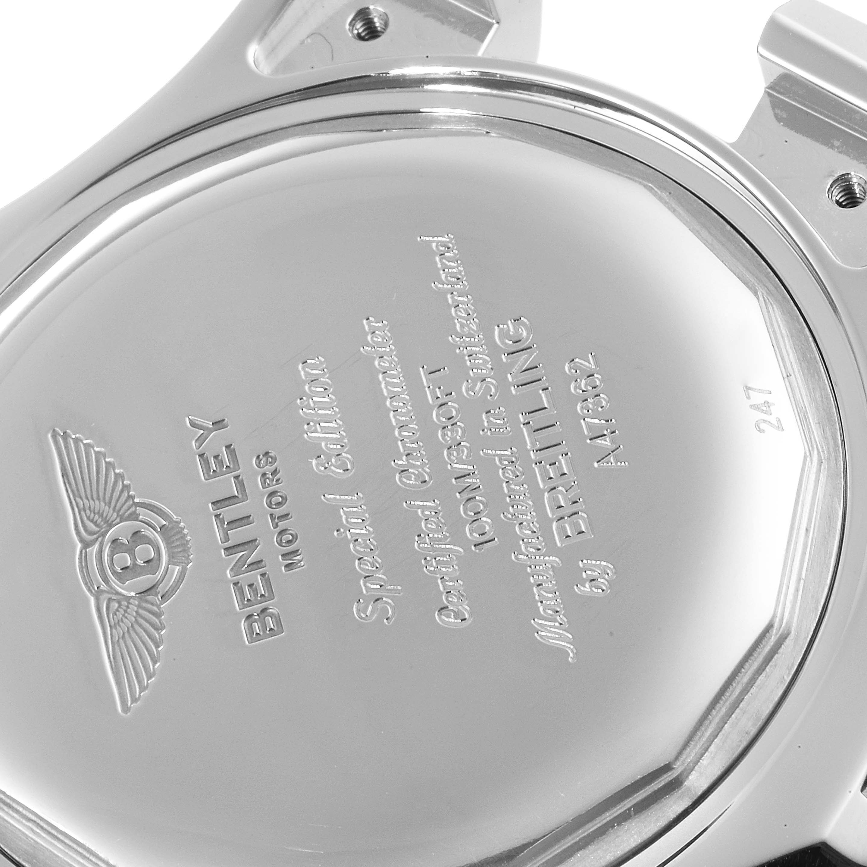 This image shows the back case of a Breitling Bentley A47362 Men's Stainless Steel Black Dial A47362 Men's Stainless Steel Black Dial model watch, highlighting its inscriptions and metal finish.