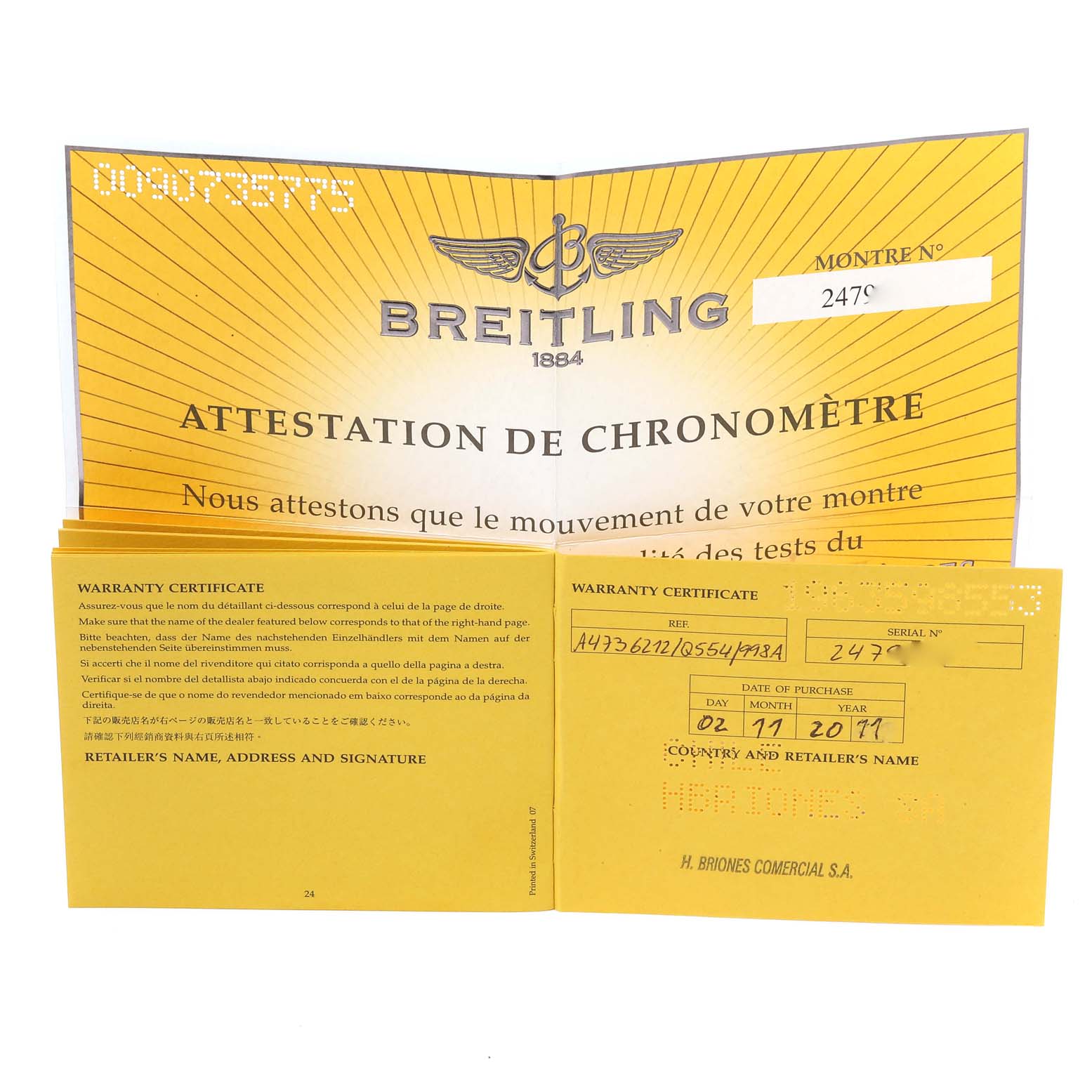 The image shows the warranty certificate and attestation de chronomètre for a Bentley model by Breitling, viewed from the front.