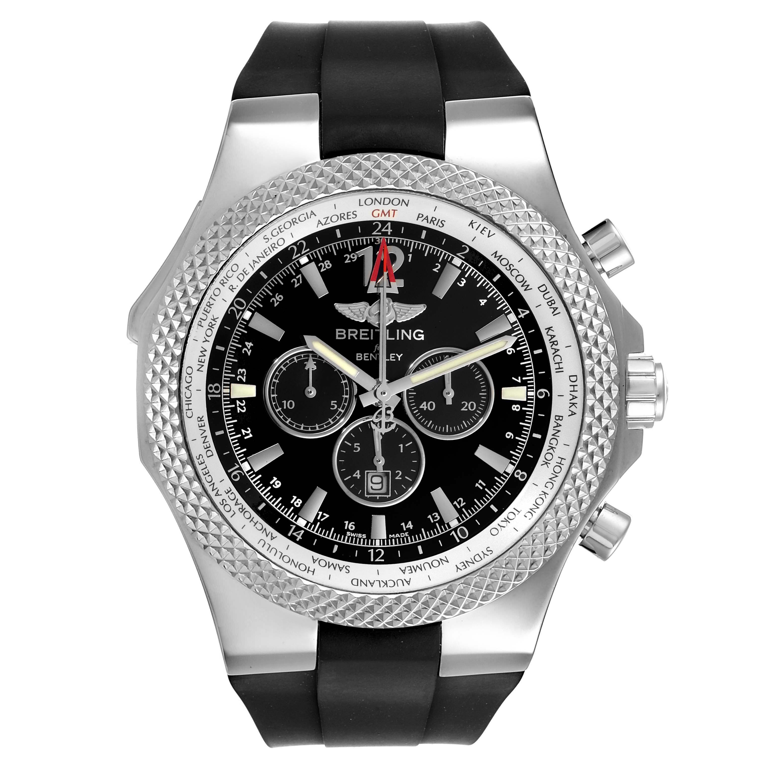 The image shows a front view of a Breitling Bentley A47362 Men's Stainless Steel Black Dial A47362 Men's Stainless Steel Black Dial model watch, highlighting its dial, bezel, pushers, and black strap.