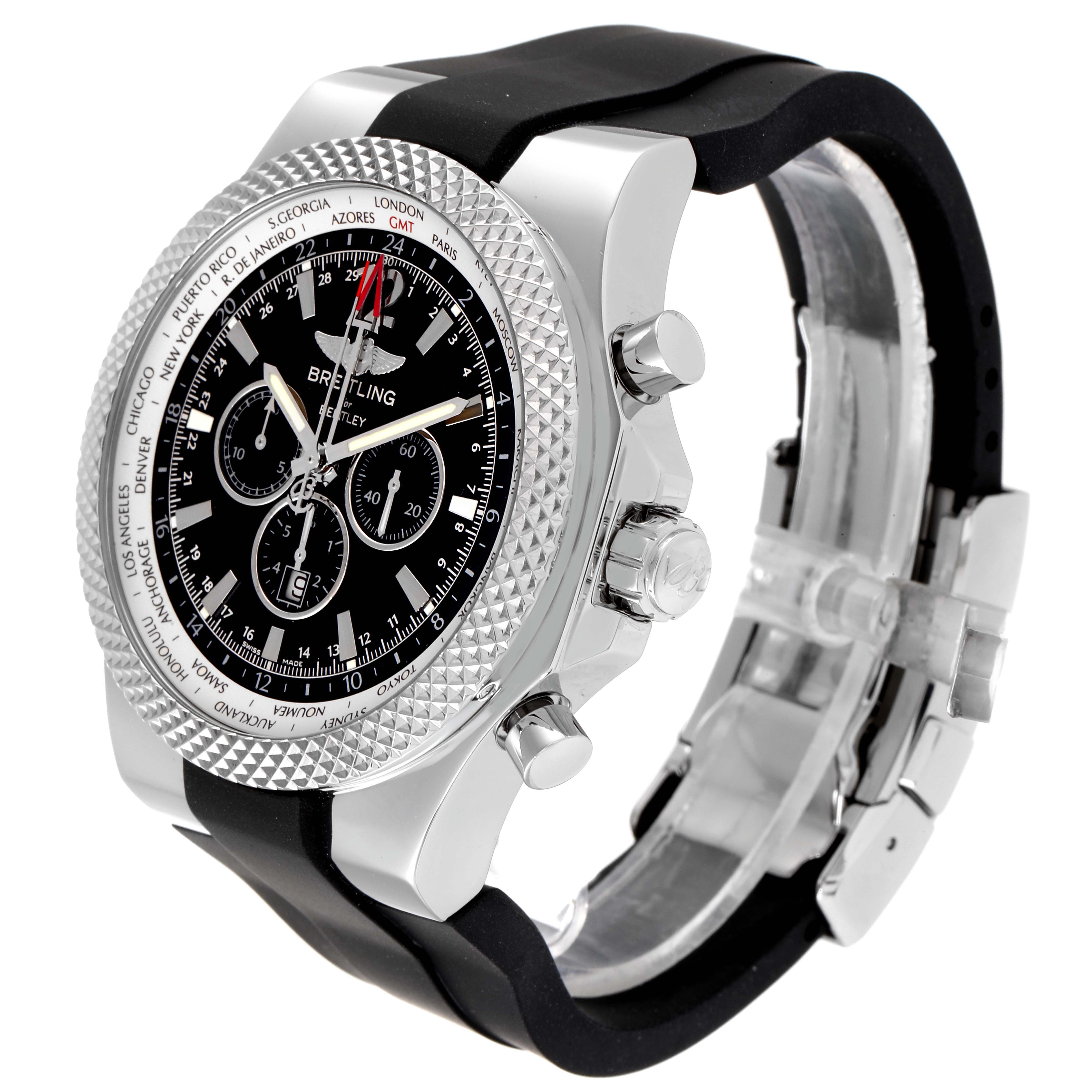 The image shows a Breitling Bentley A47362 Men's Stainless Steel Black Dial A47362 Men's Stainless Steel Black Dial model watch from an angled side view, highlighting the face, bezel, and part of the strap.