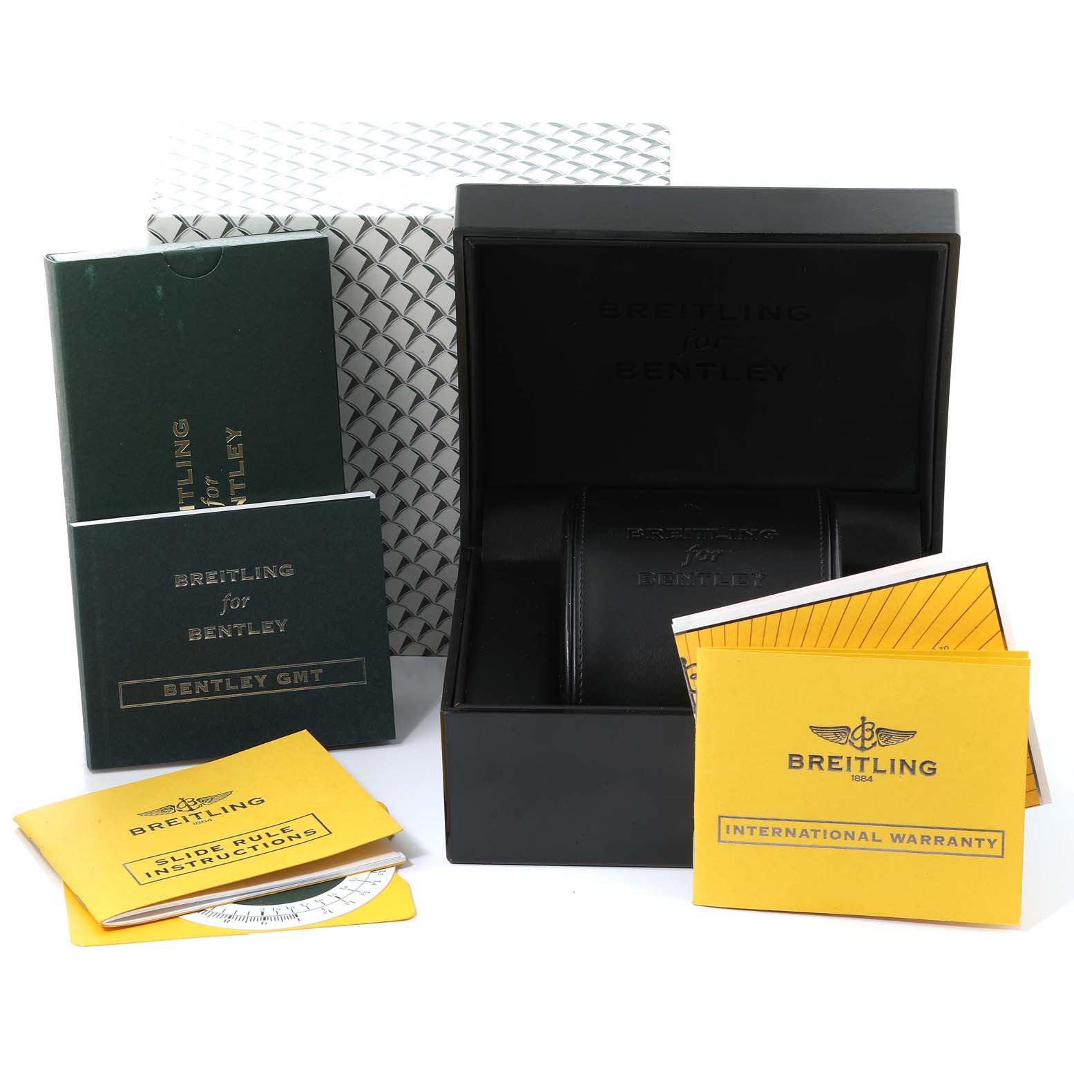 The image shows the packaging and accessories for a Breitling Bentley A47362 Men's Stainless Steel Black Dial A47362 Men's Stainless Steel Black Dial model watch, including boxes, manuals, and warranty cards.
