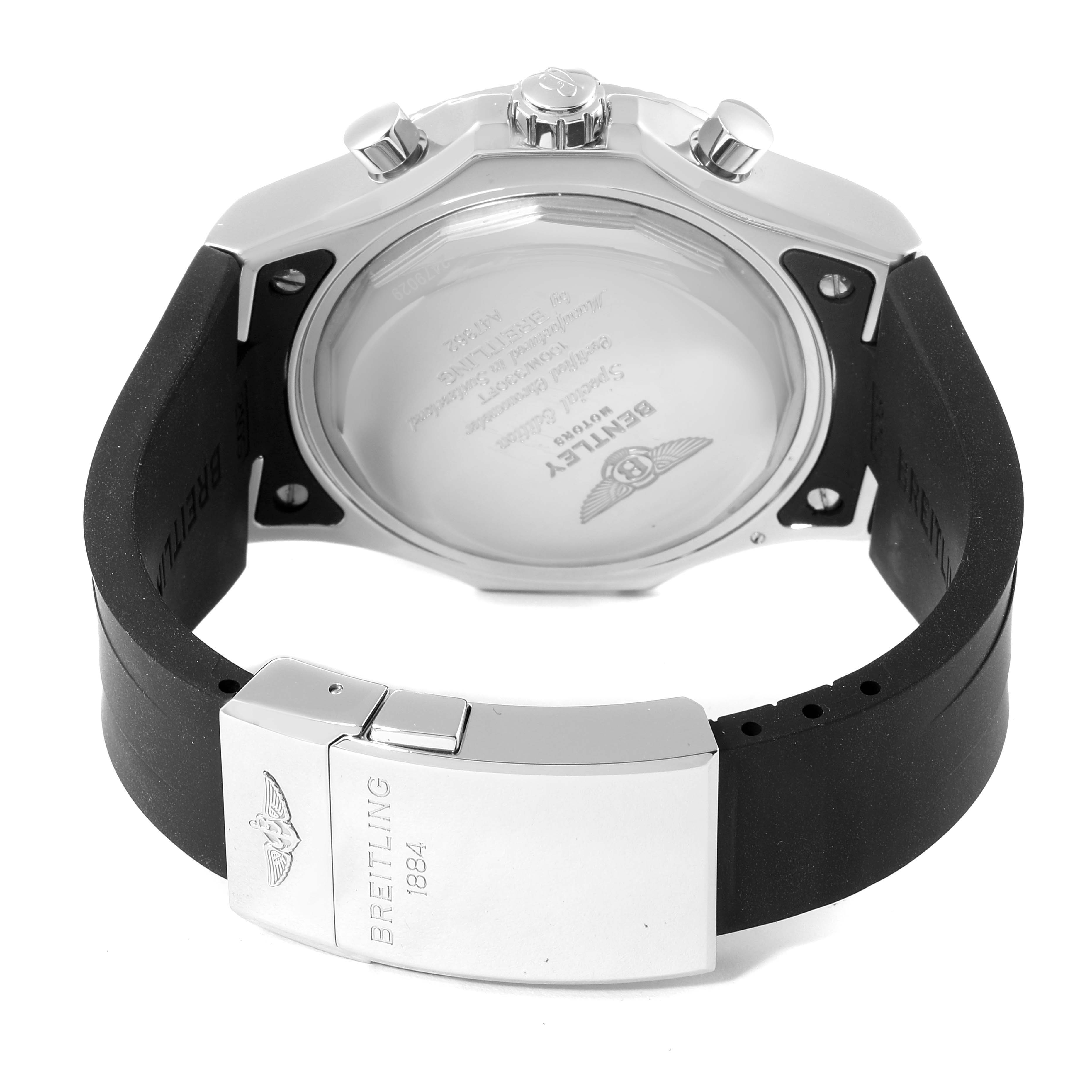 The image shows the back and buckle of the Breitling Bentley A47362 Men's Stainless Steel Black Dial A47362 Men's Stainless Steel Black Dial model watch from a rear angle.