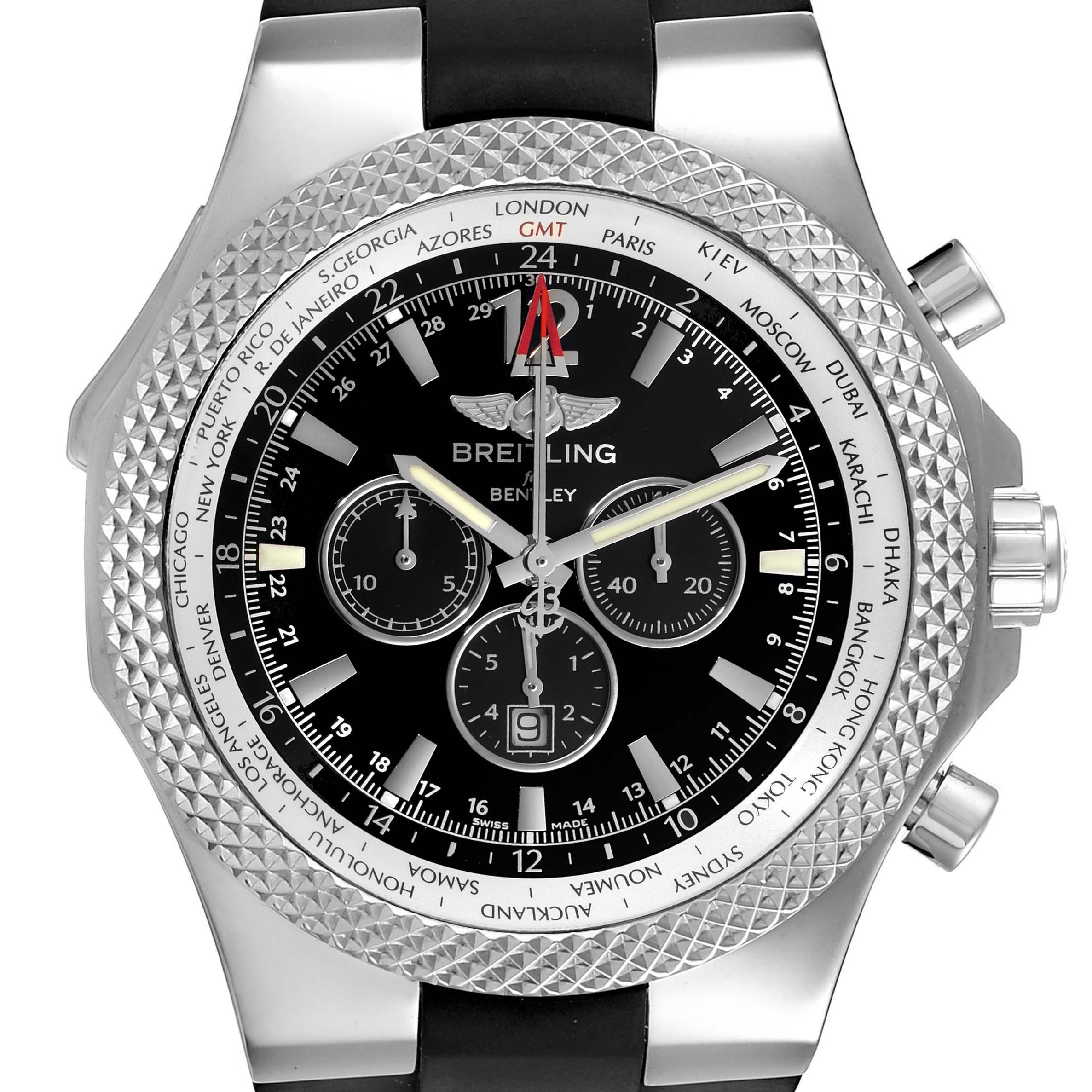 The image shows a front view of the Bentley model Breitling watch, featuring its dial, bezel, and chronograph subdials.