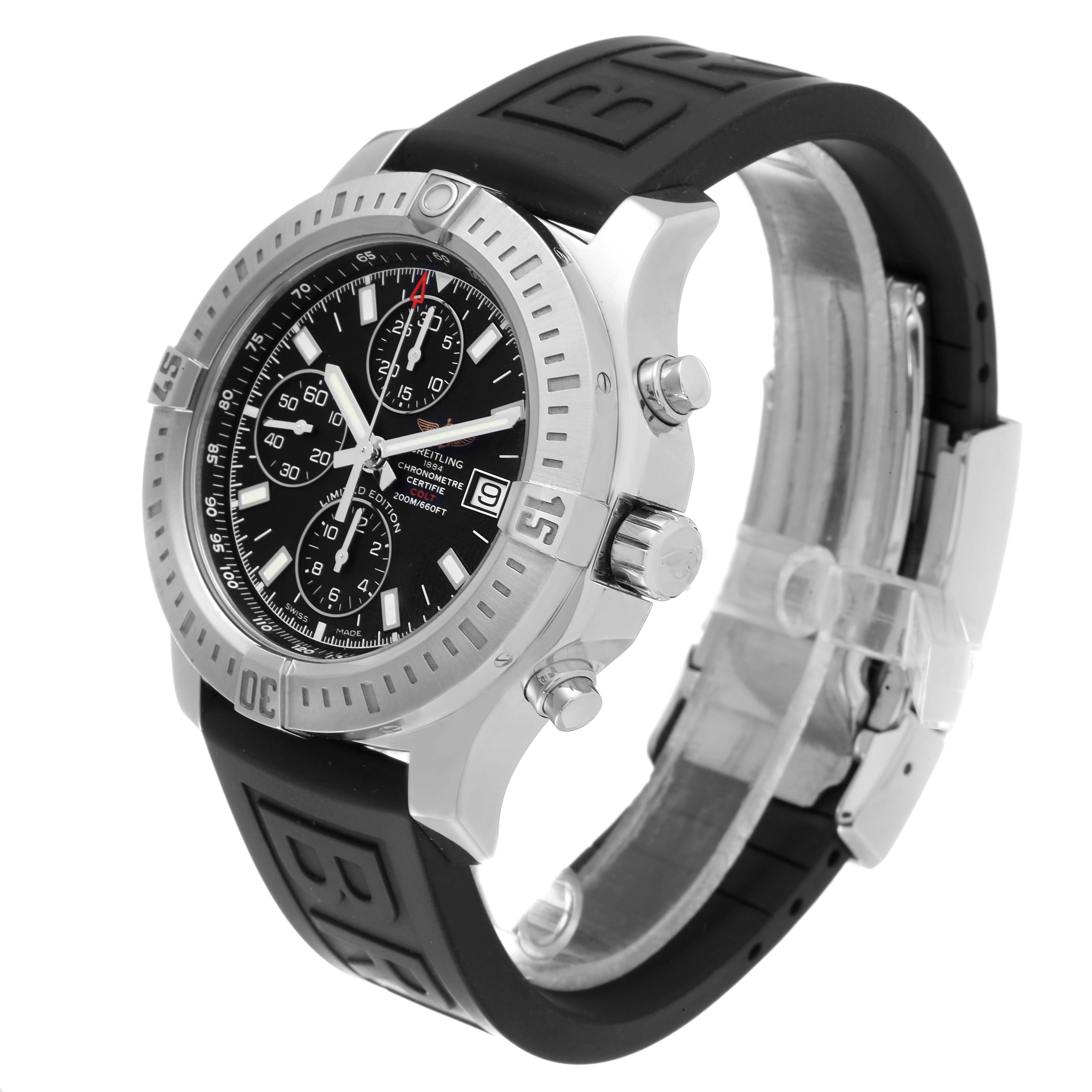 The image shows a Breitling Colt A13388 Men's Stainless Steel Black Dial A13388 Men's Stainless Steel Black Dial watch at an oblique angle, highlighting the bezel, face, crown, pushers, and rubber strap.