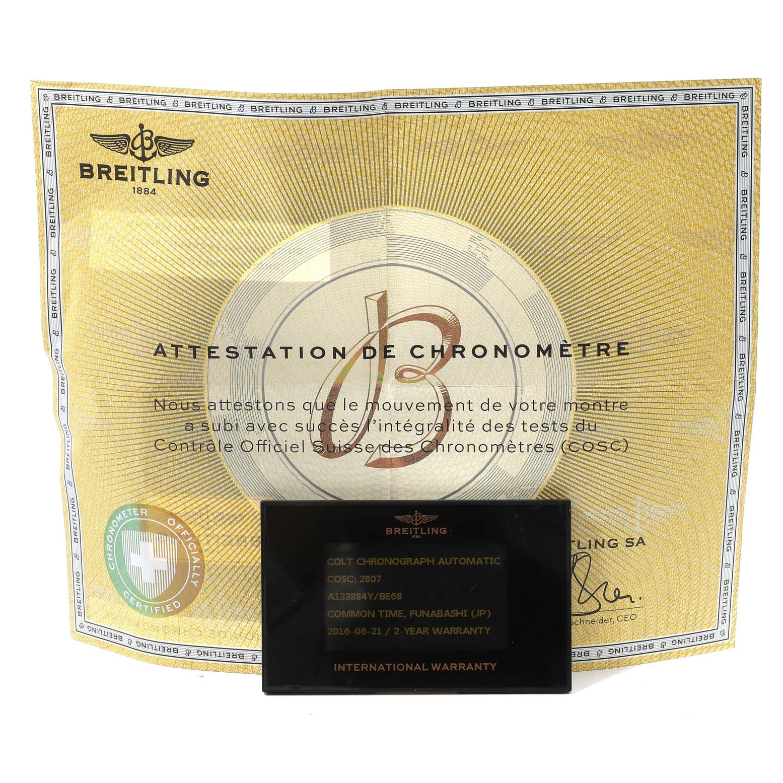 The image shows a certificate of warranty and authenticity for a Breitling Colt A13388 Men's Stainless Steel Black Dial A13388 Men's Stainless Steel Black Dial Chronograph Automatic.