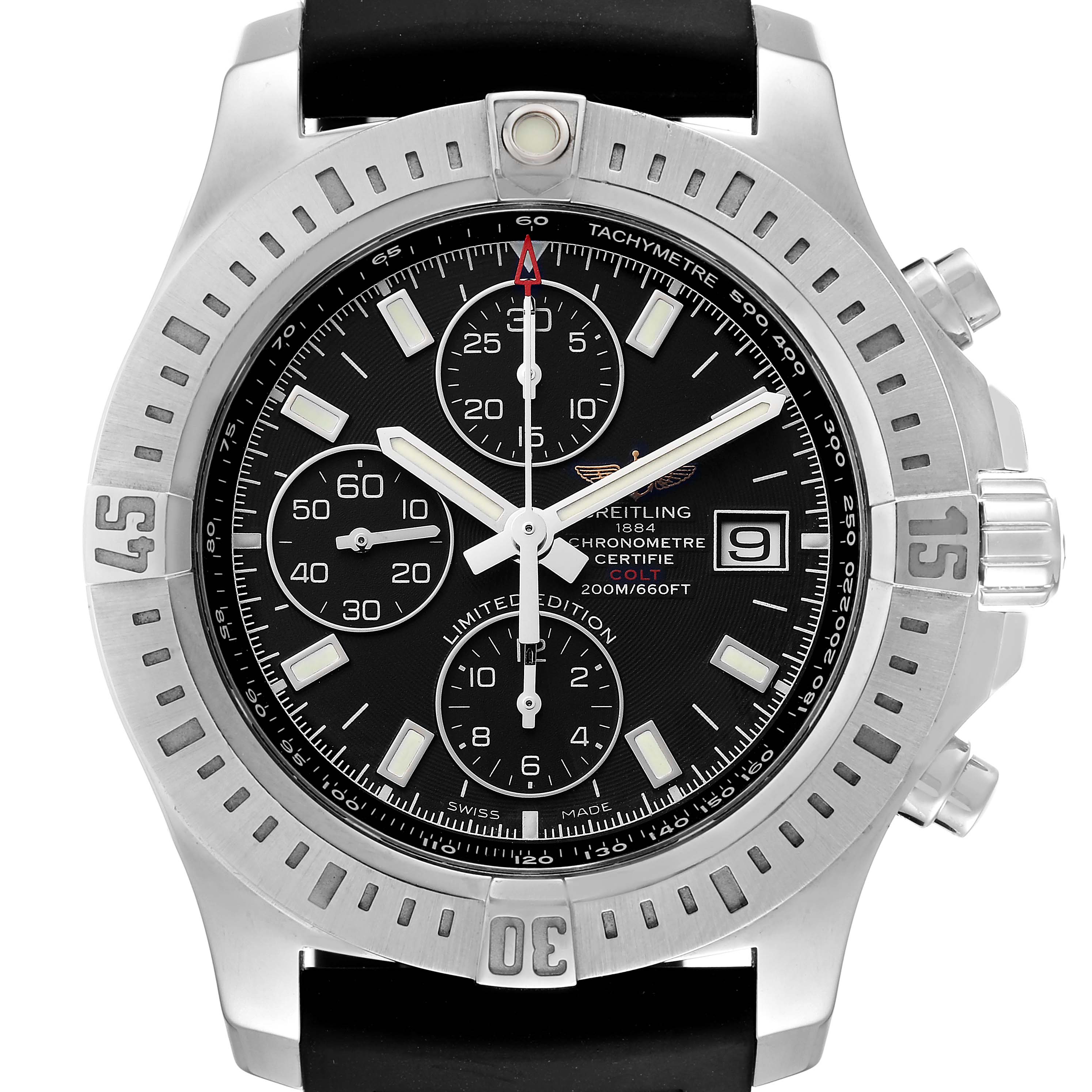 The image shows a front view of the Breitling Colt A13388 Men's Stainless Steel Black Dial A13388 Men's Stainless Steel Black Dial watch, displaying its bezel, chronograph, dial, and crown.