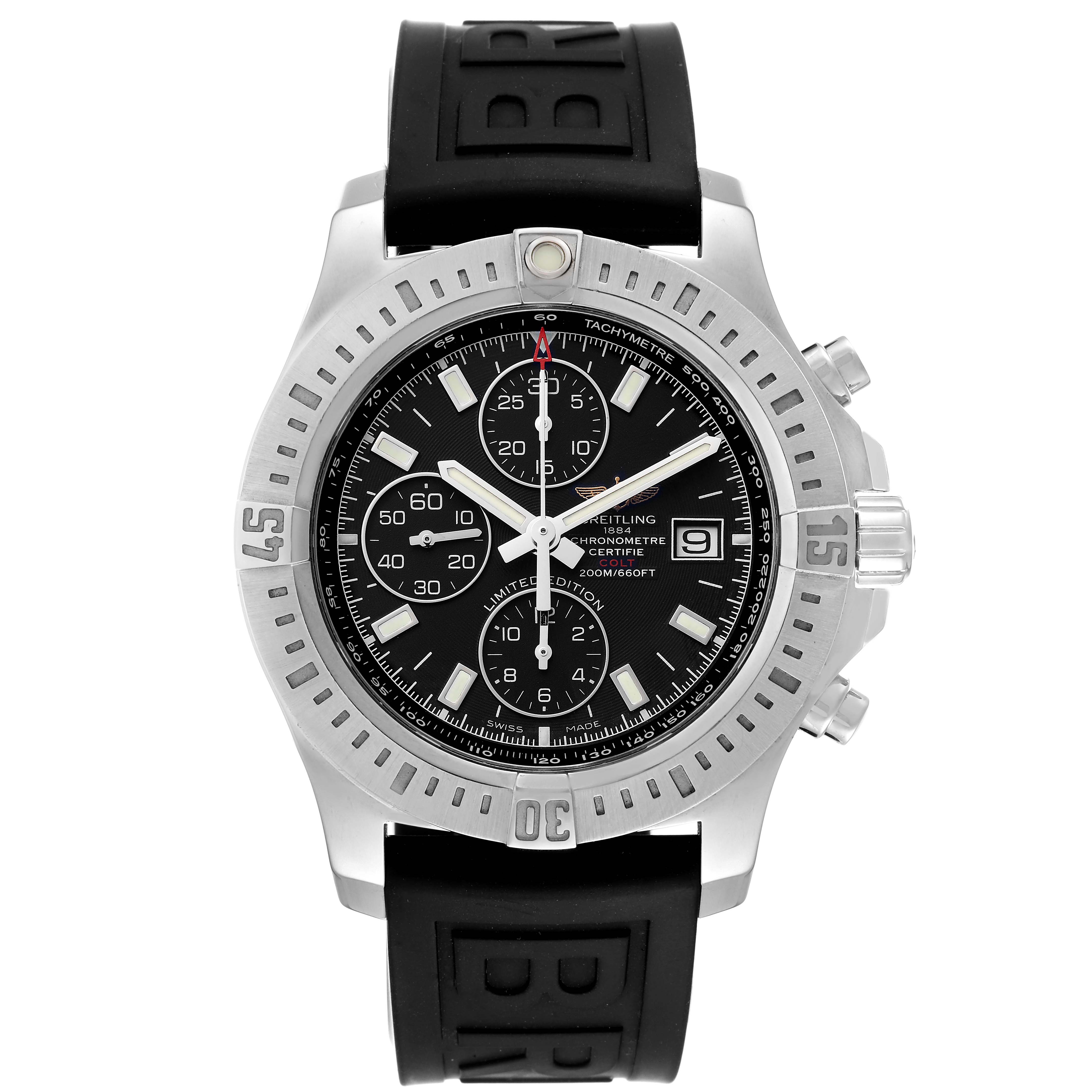 This image shows a front view of a Breitling Colt A13388 Men's Stainless Steel Black Dial A13388 Men's Stainless Steel Black Dial watch, displaying its face, bezel, case, and rubber strap.