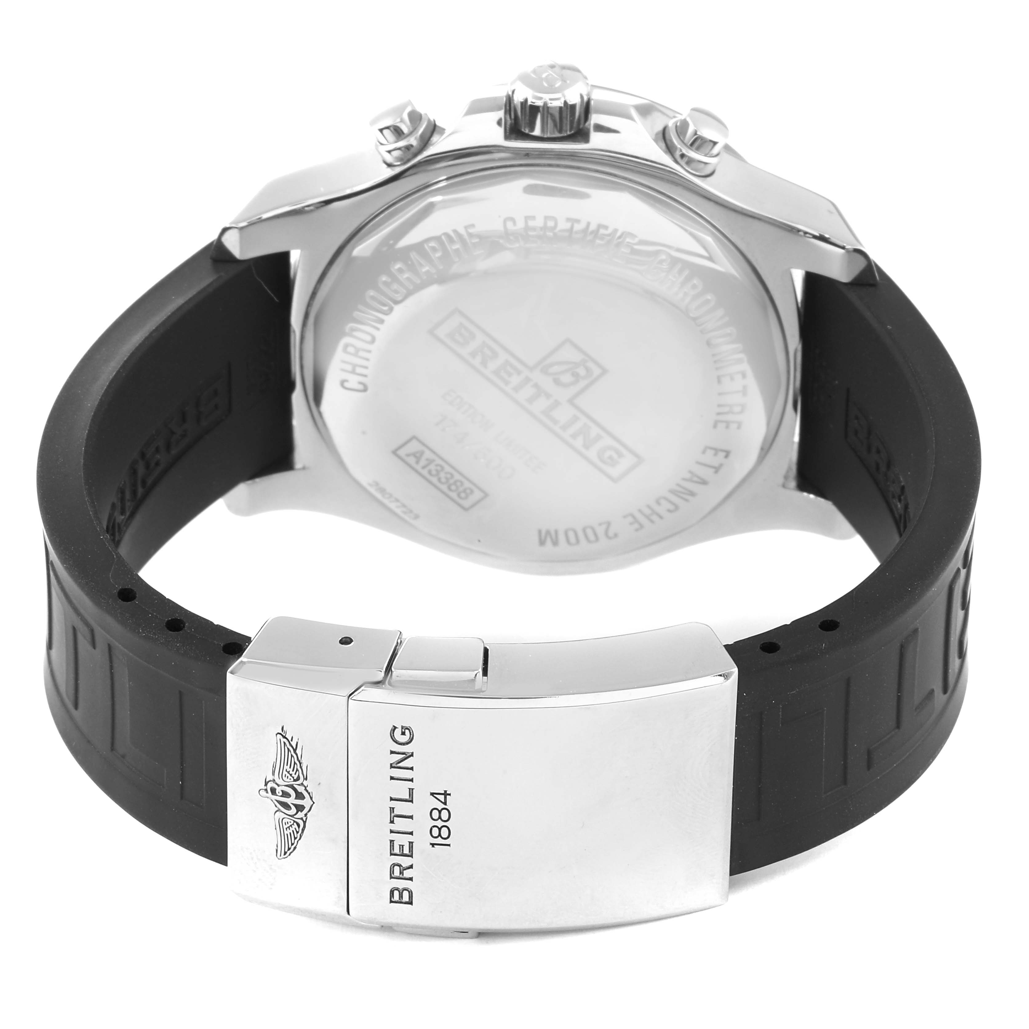 The image shows the backside and clasp of a Breitling Colt A13388 Men's Stainless Steel Black Dial A13388 Men's Stainless Steel Black Dial watch with a black rubber strap.