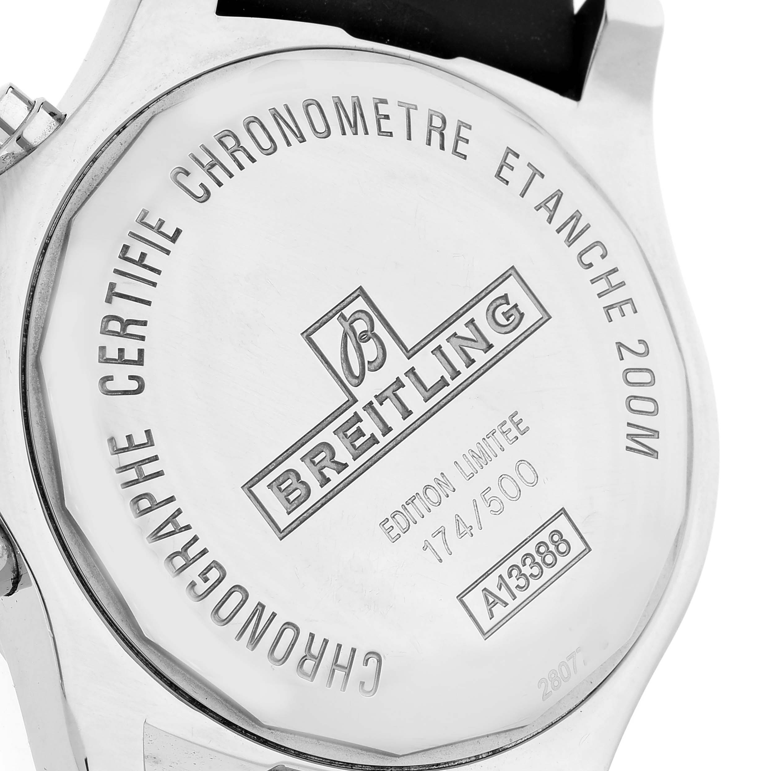 The image shows the case back of the Breitling Colt A13388 Men's Stainless Steel Black Dial A13388 Men's Stainless Steel Black Dial watch, detailing its specifications and limited edition number.