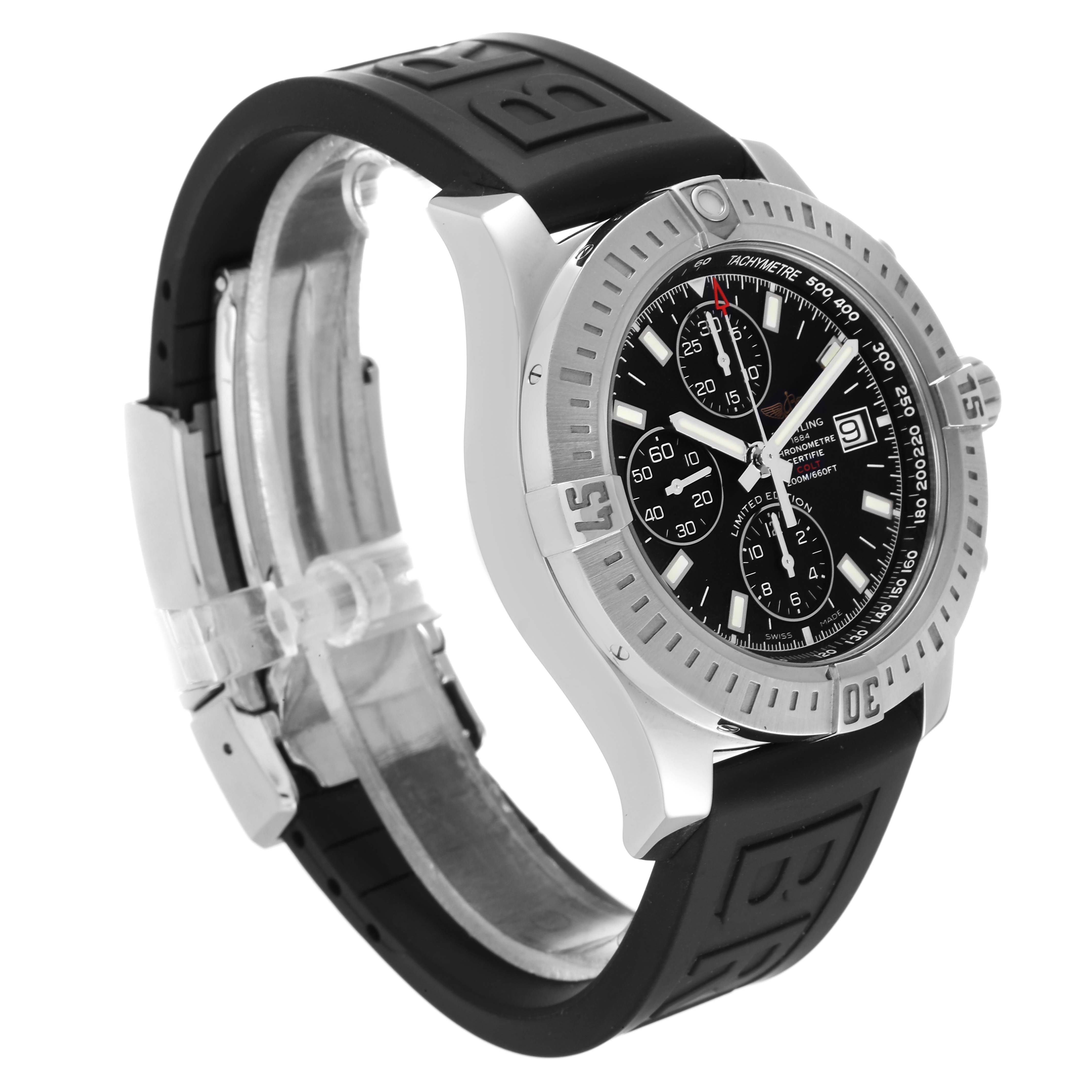 The image shows a side angle of the Breiling Colt model watch, highlighting its bezel, dial, and black rubber strap.
