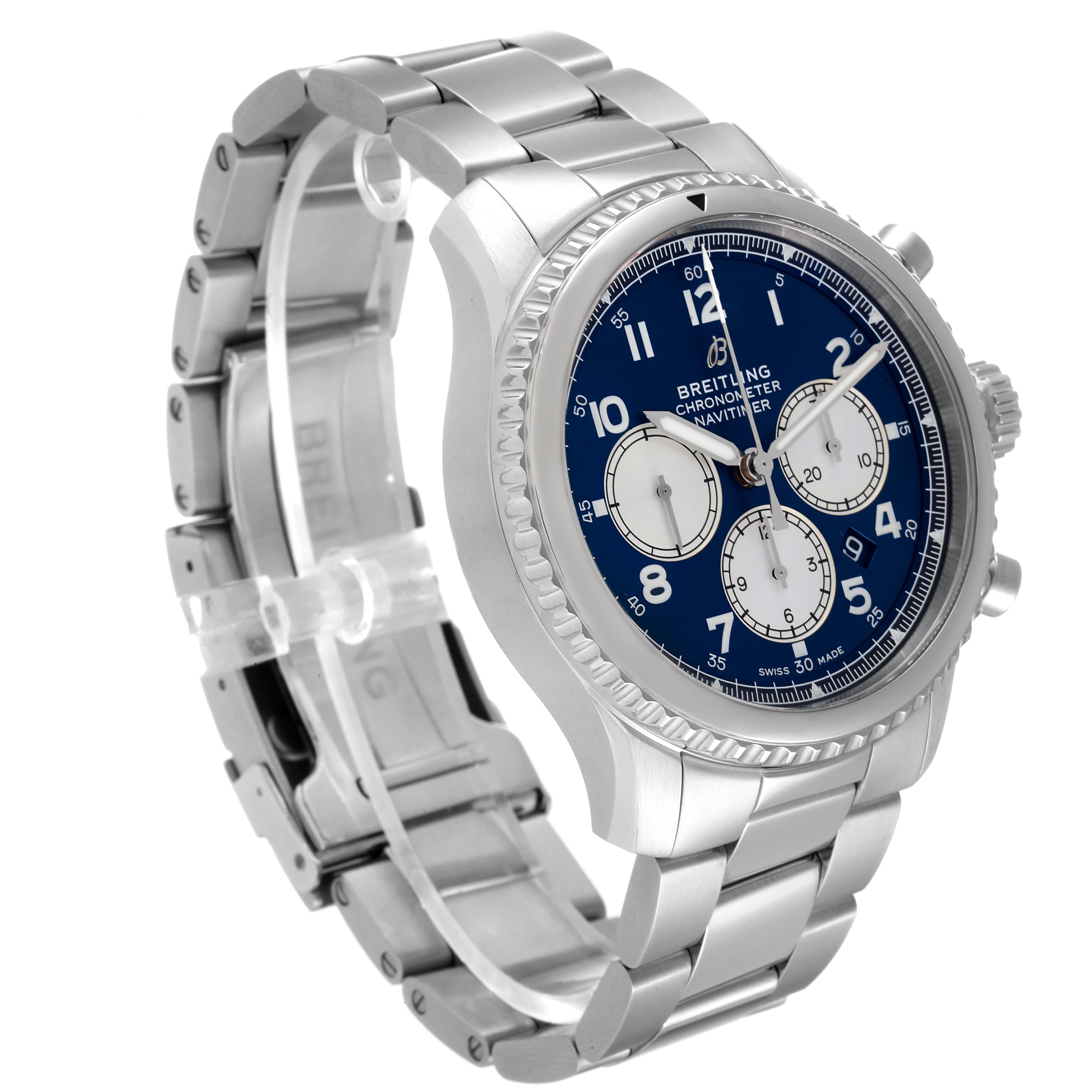 The image shows the side and front angle of a Breitling Navitimer watch, highlighting its stainless steel band and blue dial.