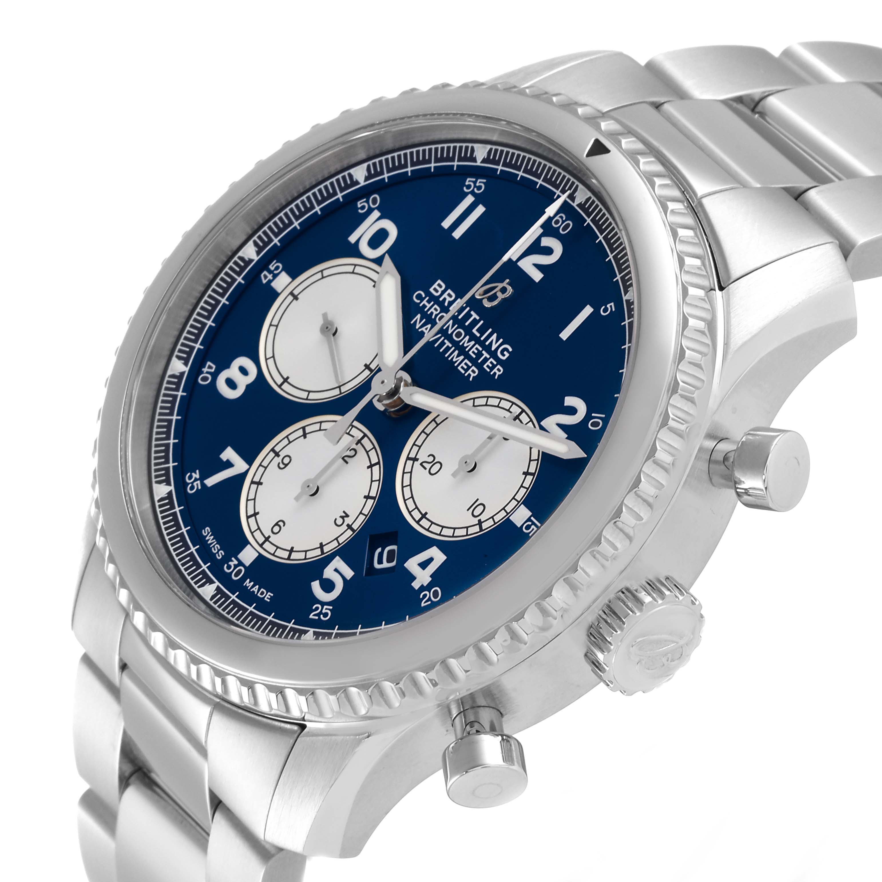 The image shows a close-up angled view of the Breitling Navitimer watch, highlighting the dial, crown, and part of the bracelet.