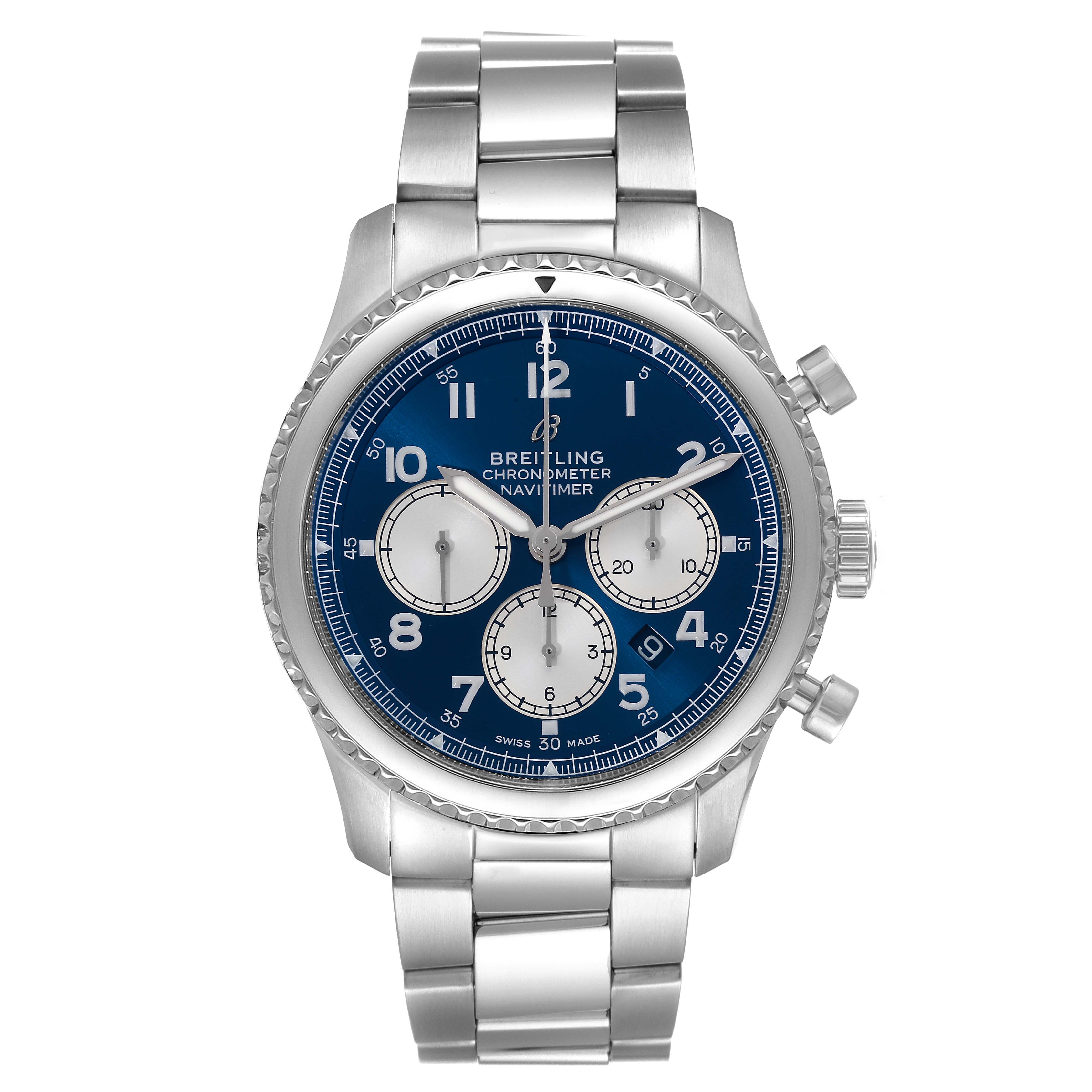The image shows a front view of the Breitling Navitimer watch, highlighting its blue dial, sub-dials, and stainless steel bracelet.