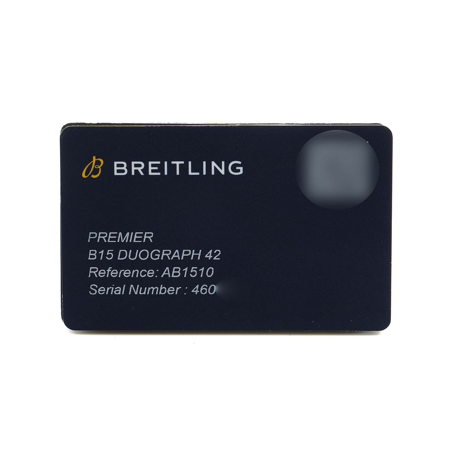 The image shows a Breitling Premier AB1510 Men's Stainless Steel Blue Dial B15 Duograph 42 warranty card displaying reference and serial numbers.