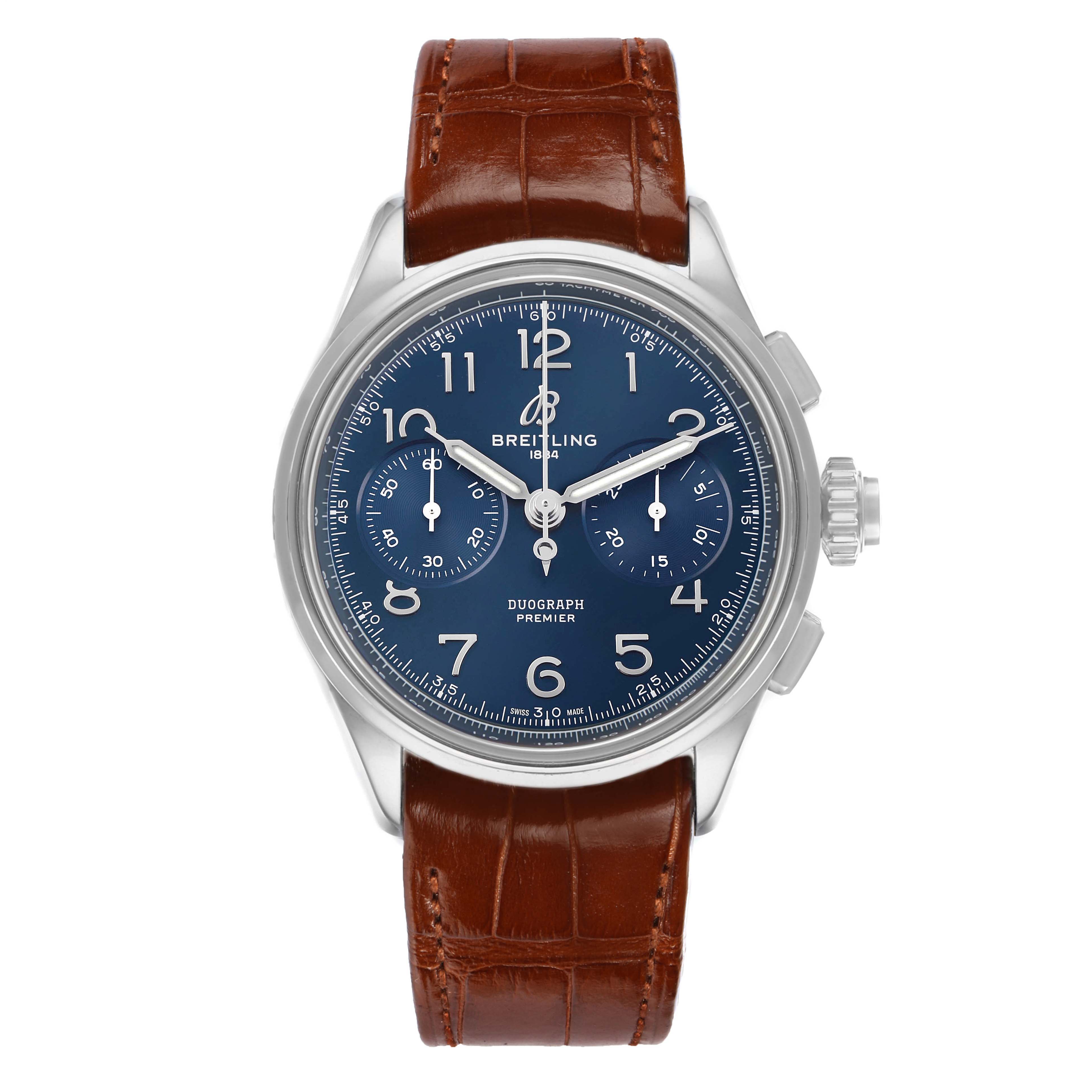 The Breitling Premier AB1510 Men's Stainless Steel Blue Dial model watch is shown front-facing, featuring a blue dial, brown leather strap, and visible crown and pushers.