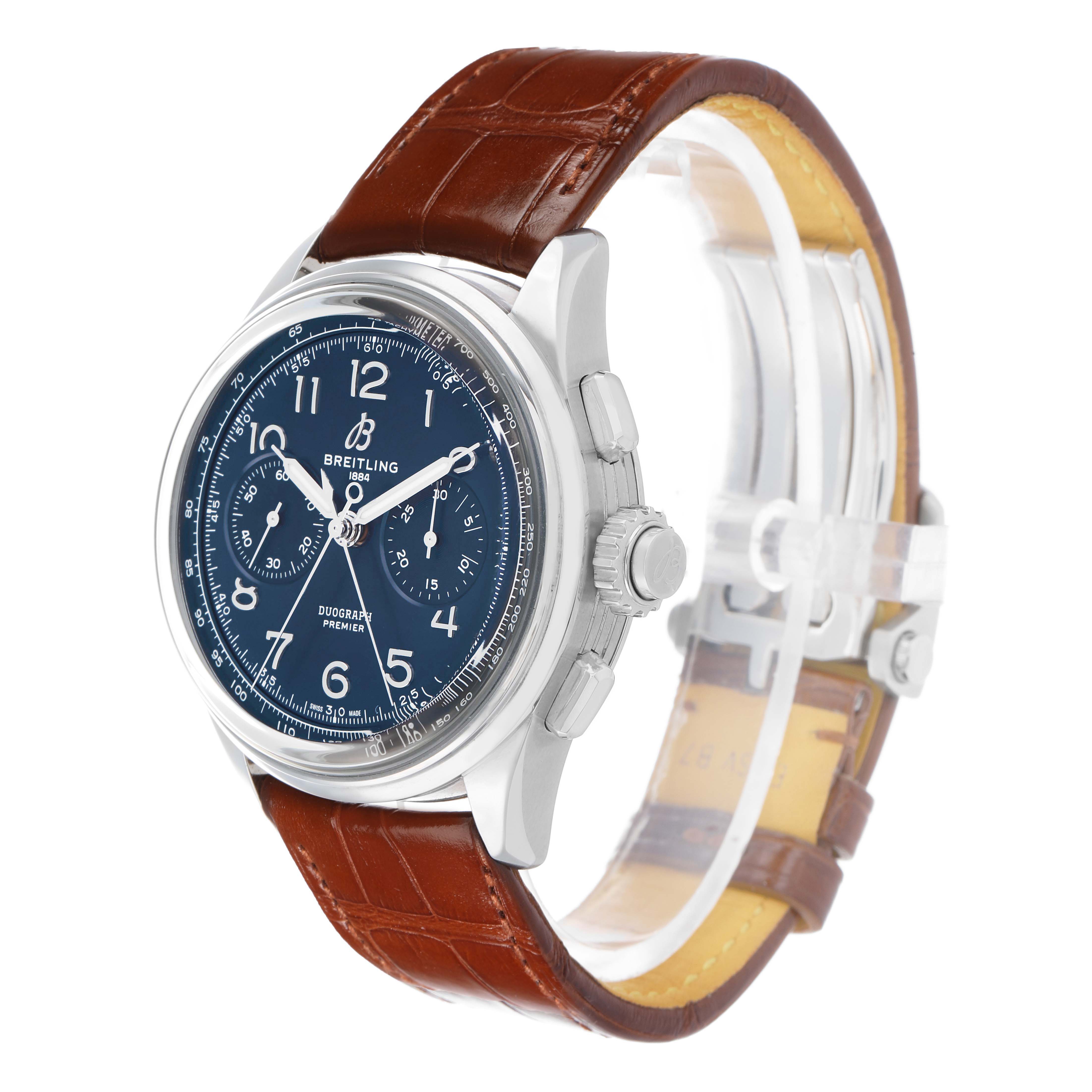 The Breitling Premier AB1510 Men's Stainless Steel Blue Dial watch is shown at a three-quarter angle, highlighting the face, side buttons, and brown leather strap.