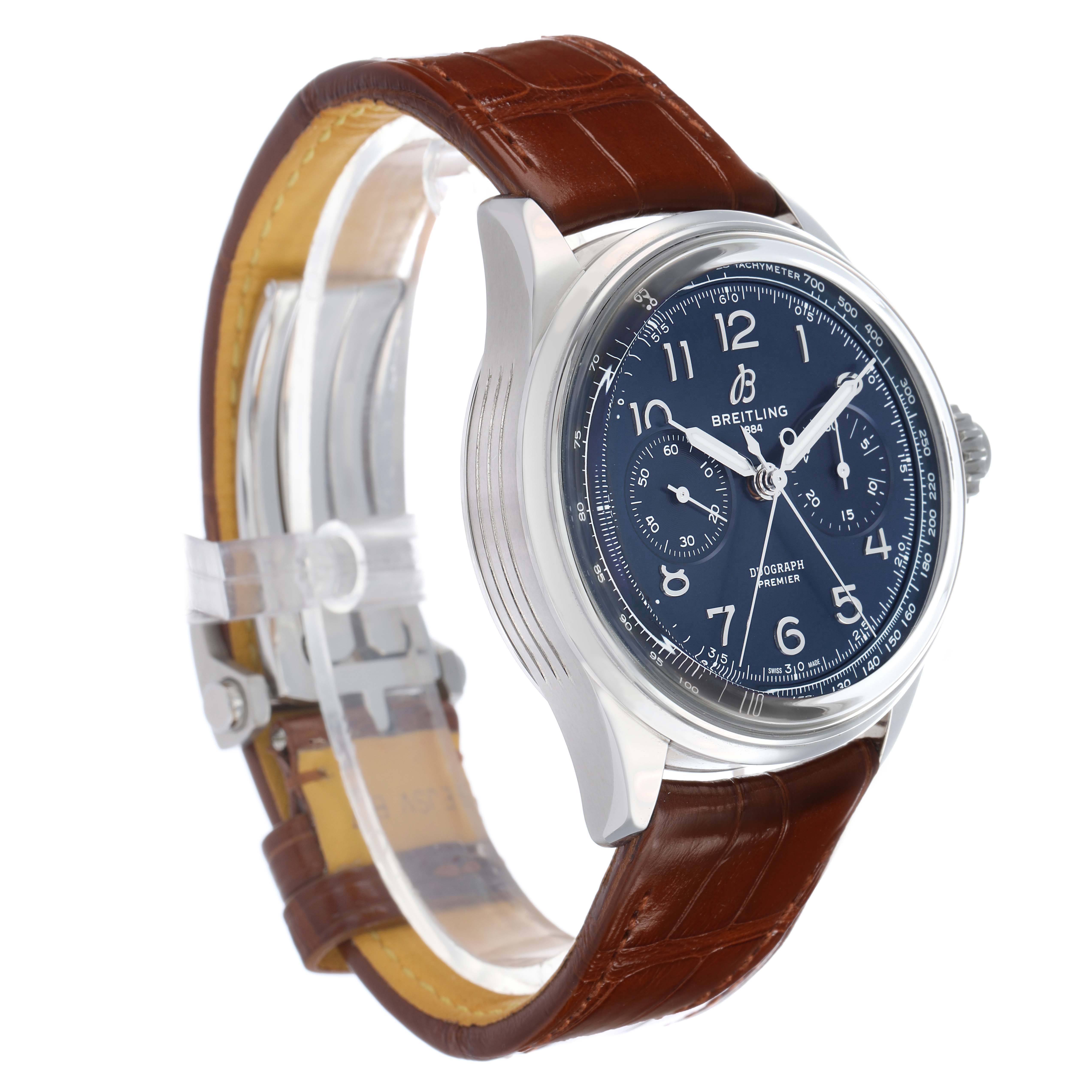 The Breitling Premier AB1510 Men's Stainless Steel Blue Dial model watch is shown from a side angle, highlighting the blue dial and brown leather strap.